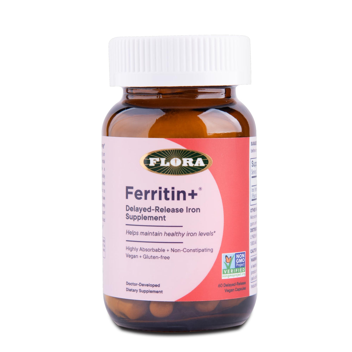 Flora Ferritin+ bouteille en verre ambré illustrant la libération retardée pour énergie potentielle