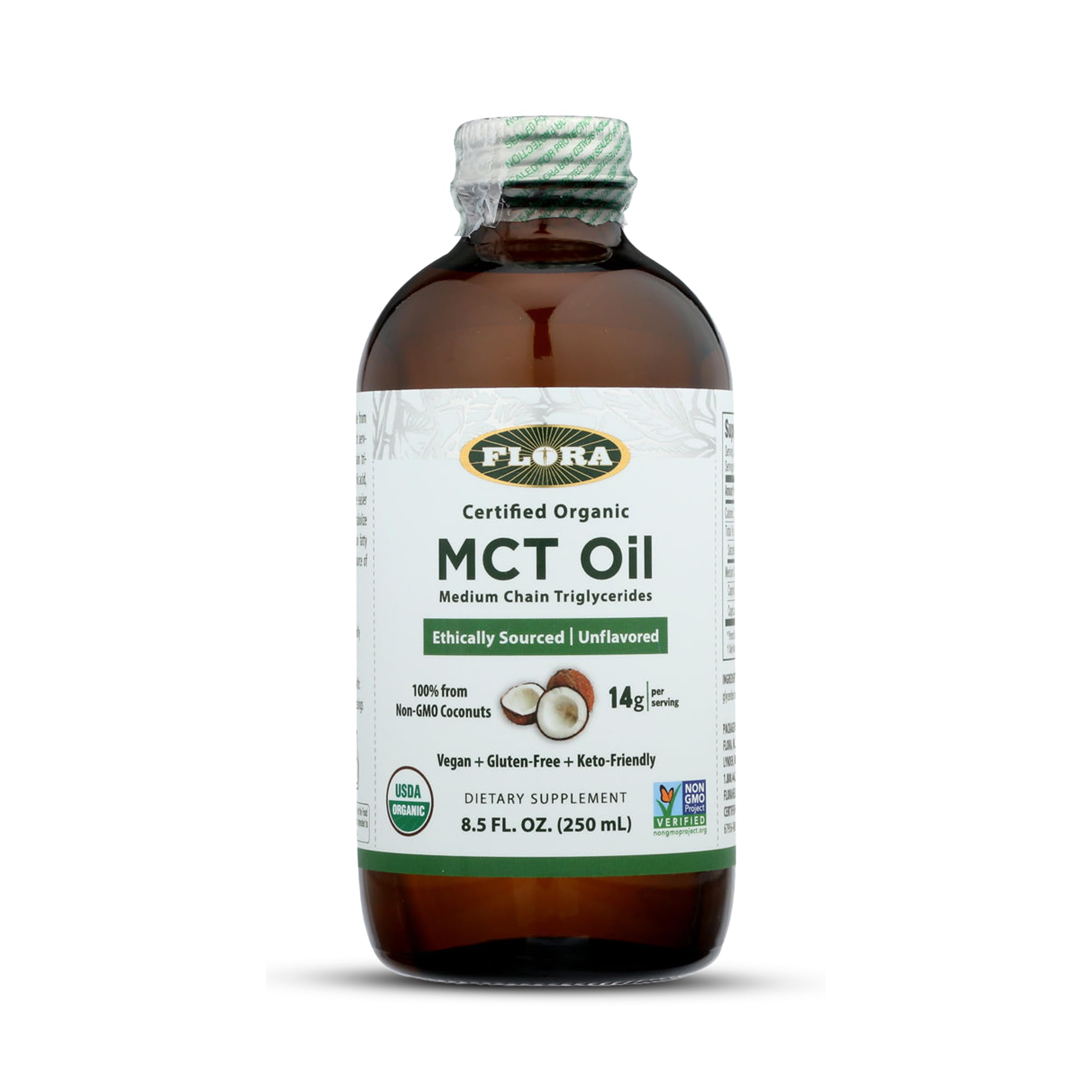 Huile MCT Flora en bouteille de verre prête pour énergie durable.