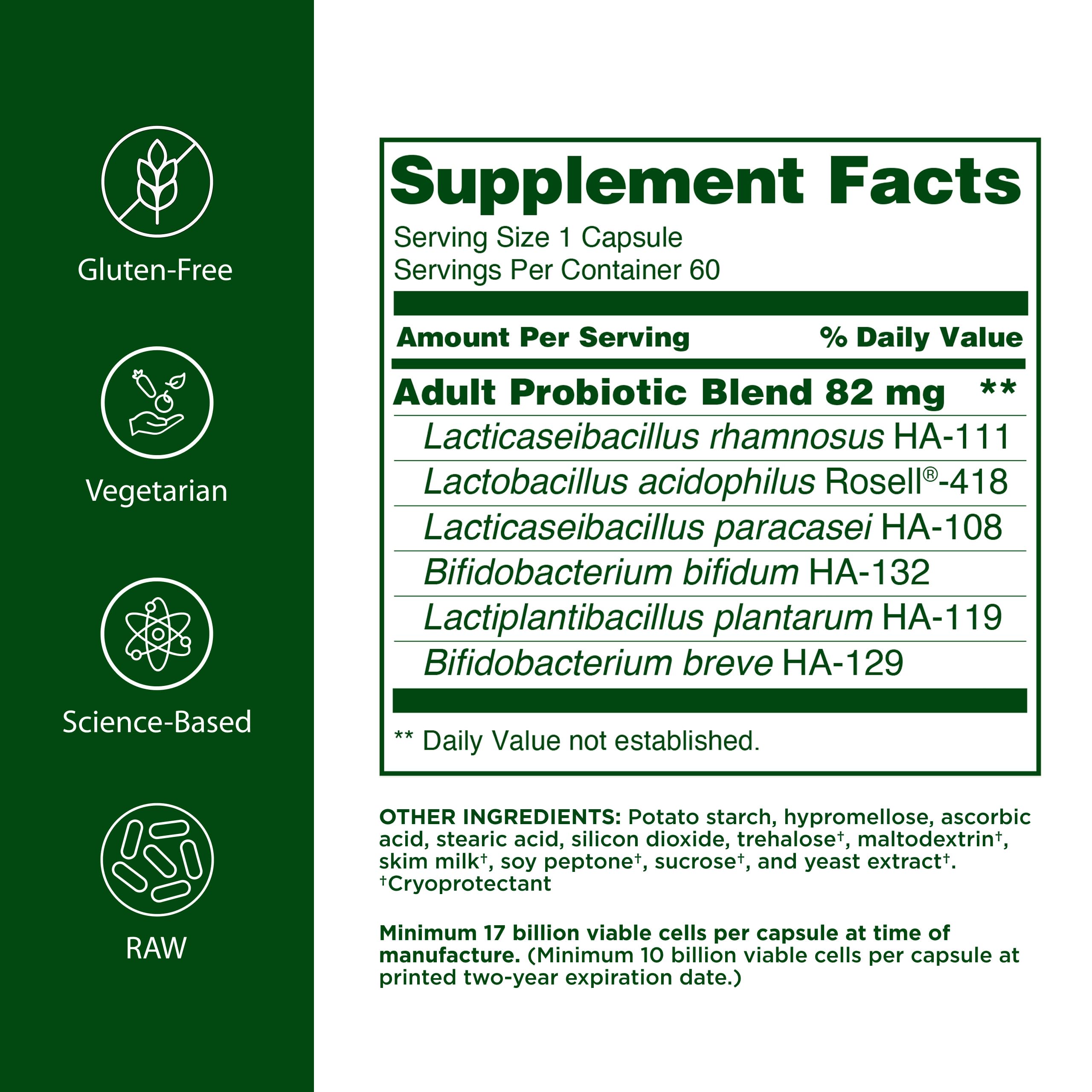 Flora Probiotique Adulte – étiquette montrant les souches et le dosage pour adultes.