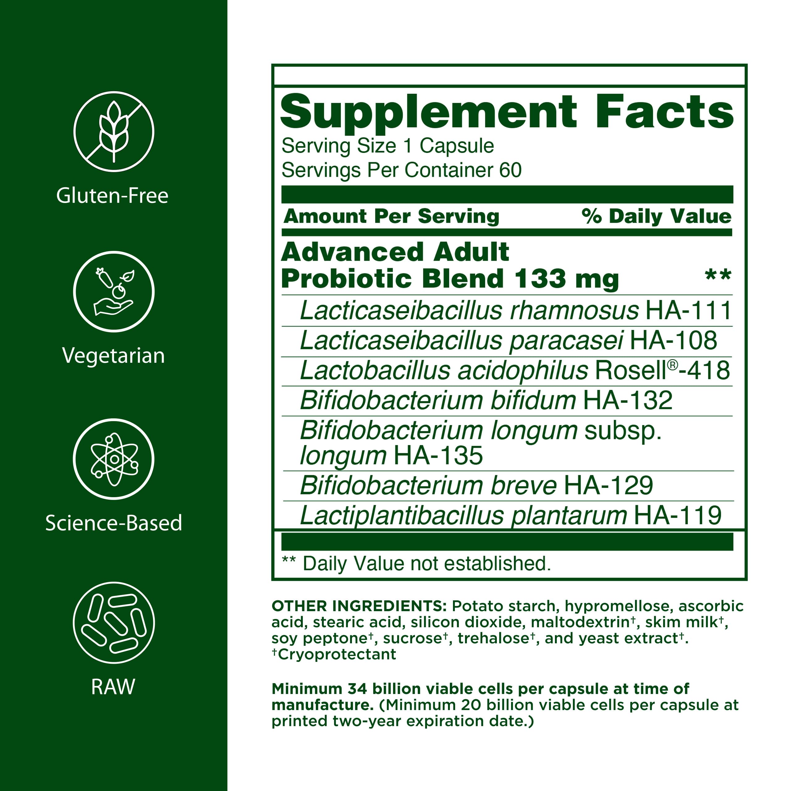 Flora Probiotique Avancé — gélules, prise quotidienne possible.