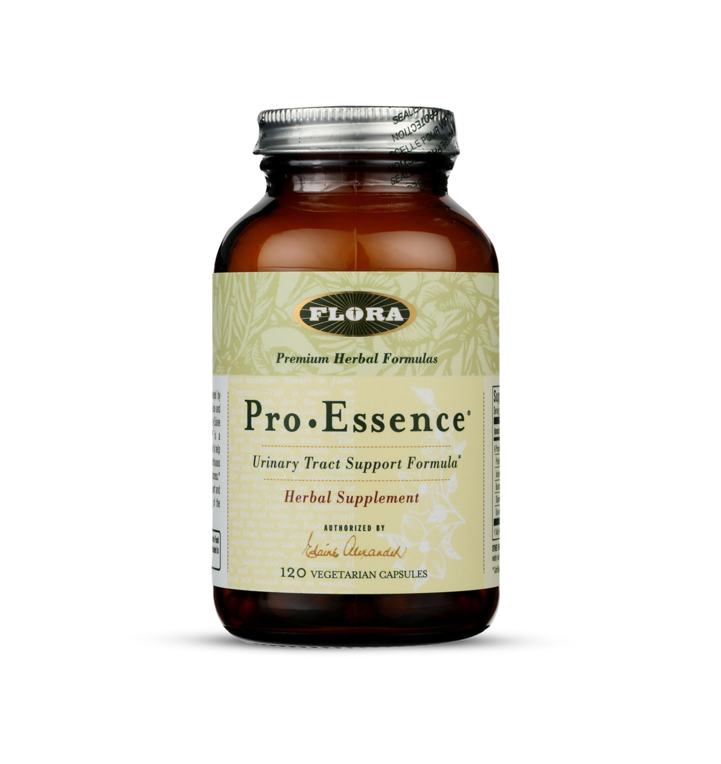 Flora ProEssence: bouteille de capsules végétariennes faciles à prendre pour le soutien urinaire.