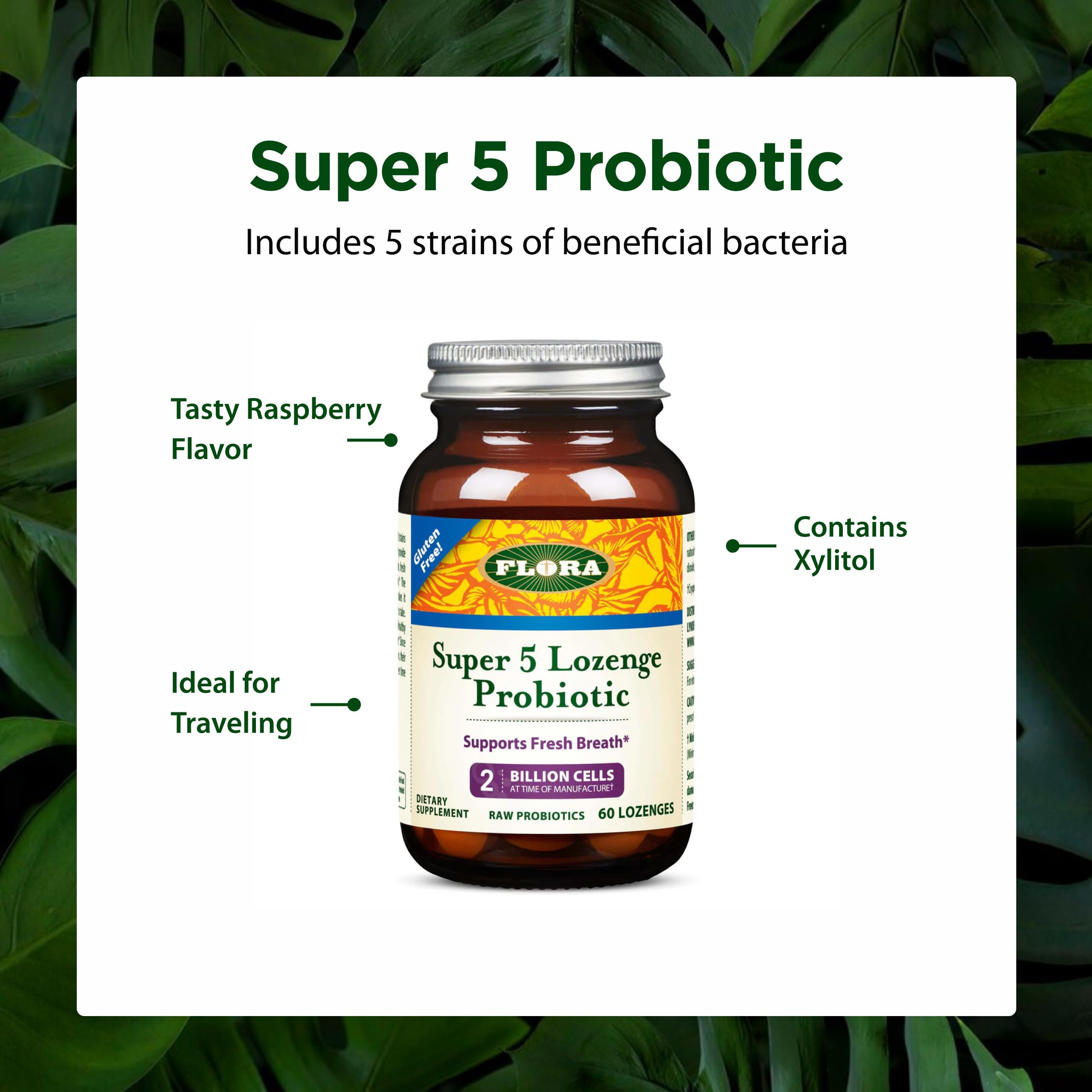 Flora Super 5 pastilles framboise, utilisation rapide après repas pour une haleine fraîche