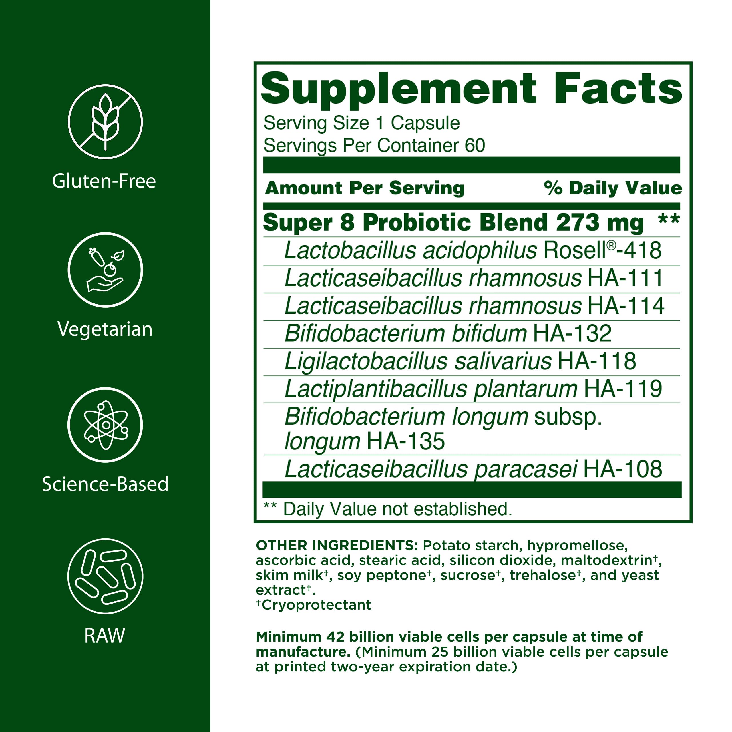 Flora Super 8 Probiotic montre les gélules, utilisées au quotidien pour une digestion équilibrée.