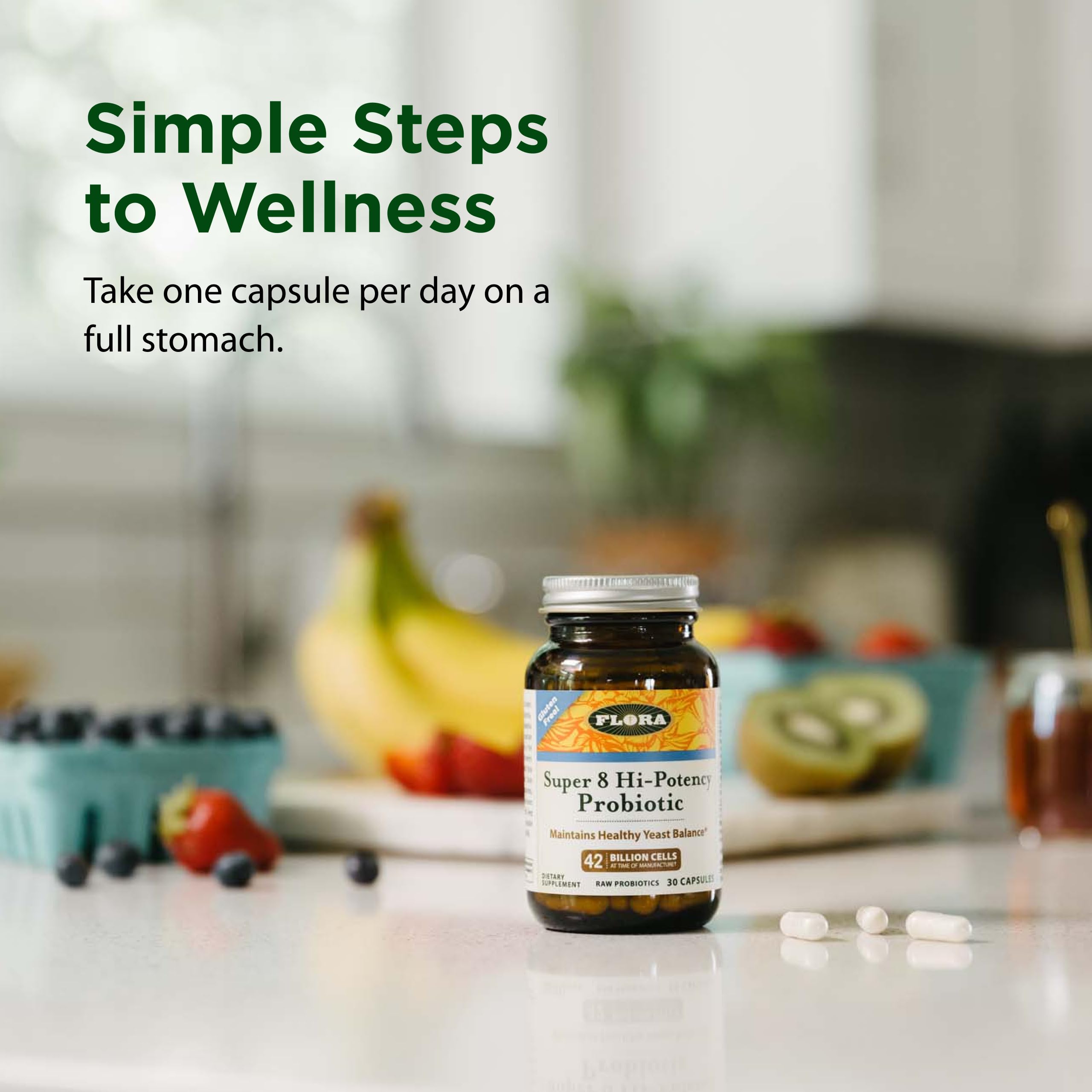 Flora Super 8 Probiotic recommande une prise quotidienne sur repas pour faciliter l'adaptation digestive.