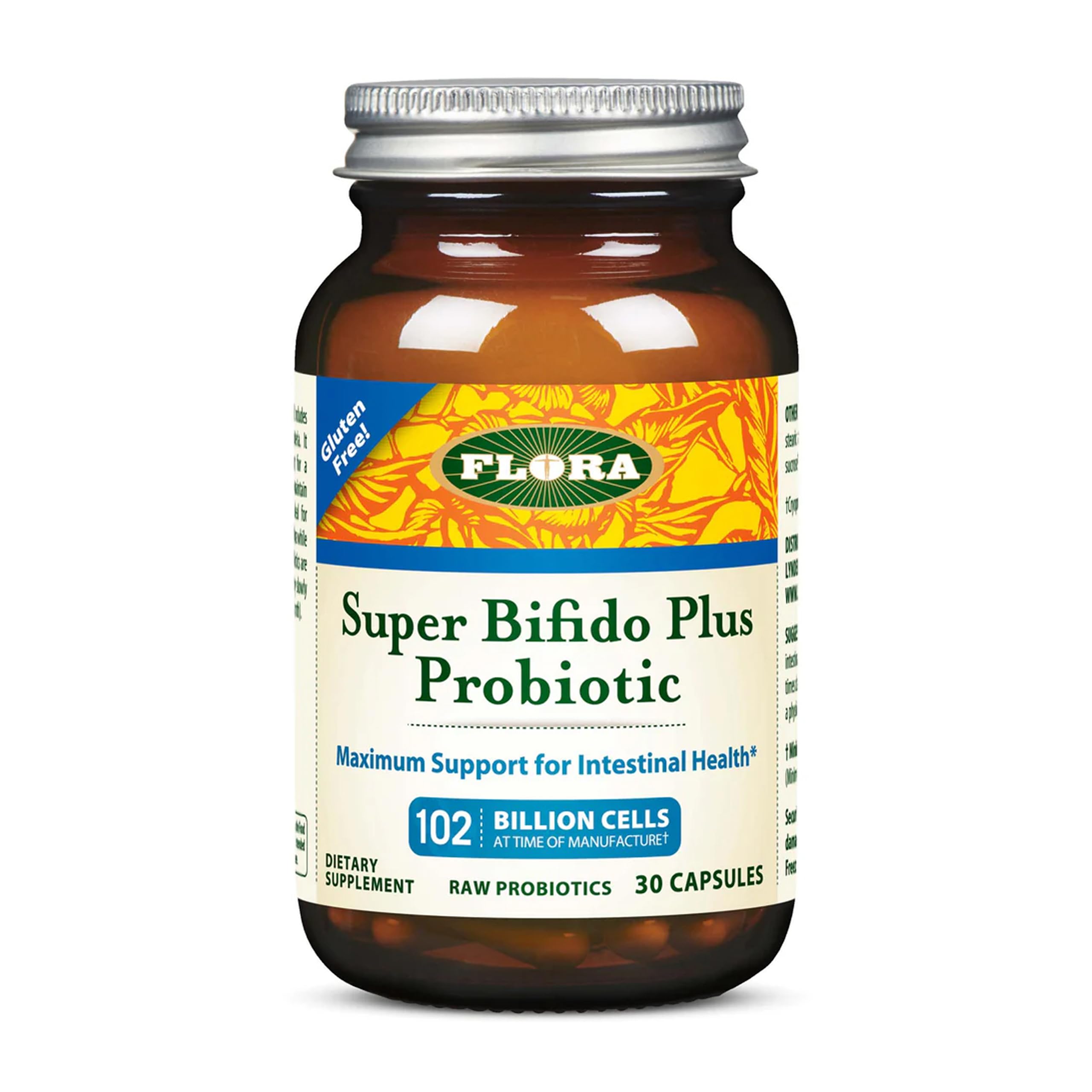 Flora Super Bifido Plus — bouteille affichant l'étiquette, soutien digestif potentiel.