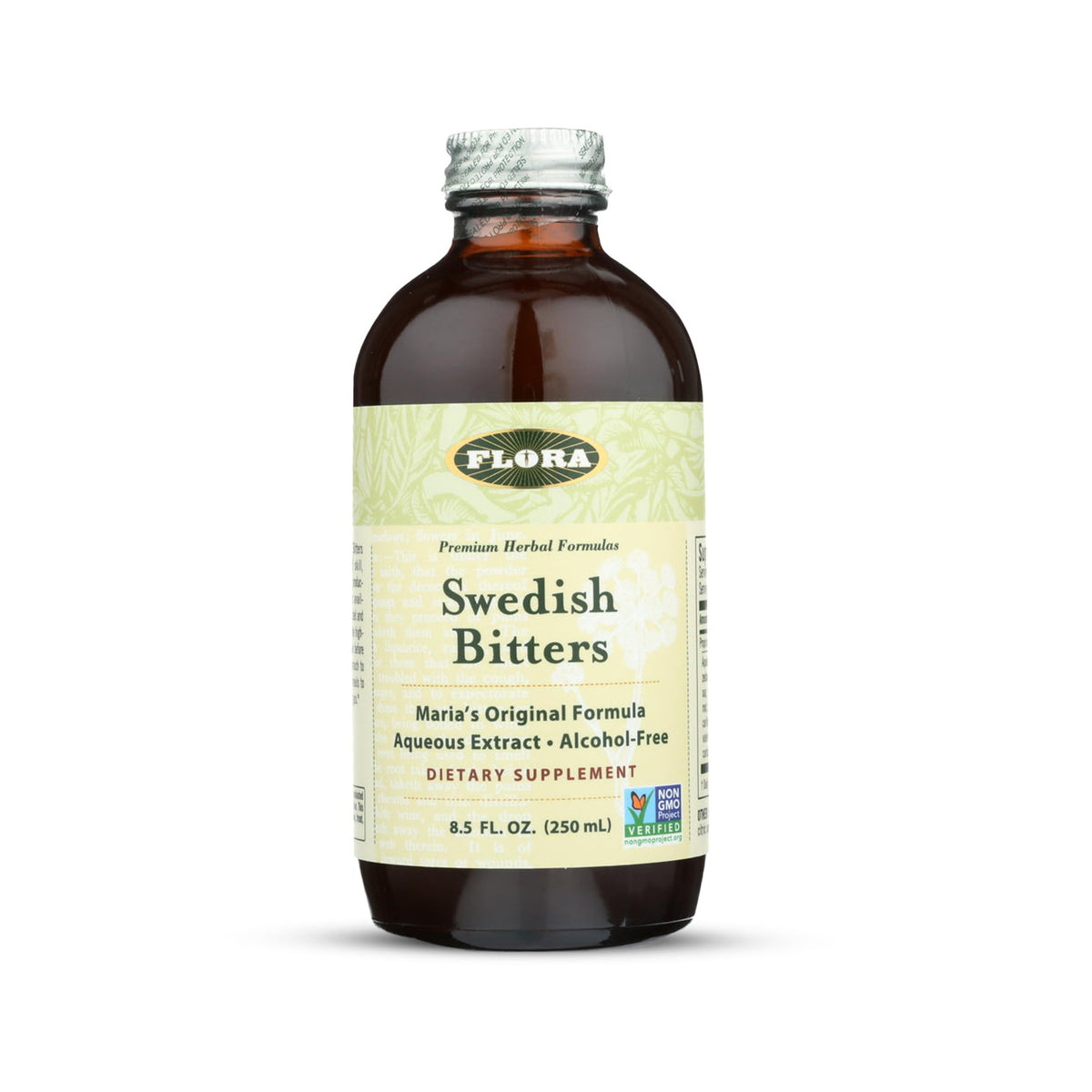 Flora Swedish Bitters – bouteille en verre, présentation premium et naturelle pour la digestion.
