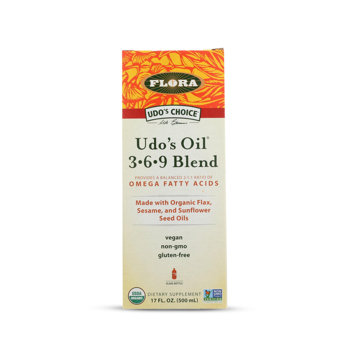 Flora Udo's Oméga 3 6 9 – bouteille en verre ambré préserve les nutriments.