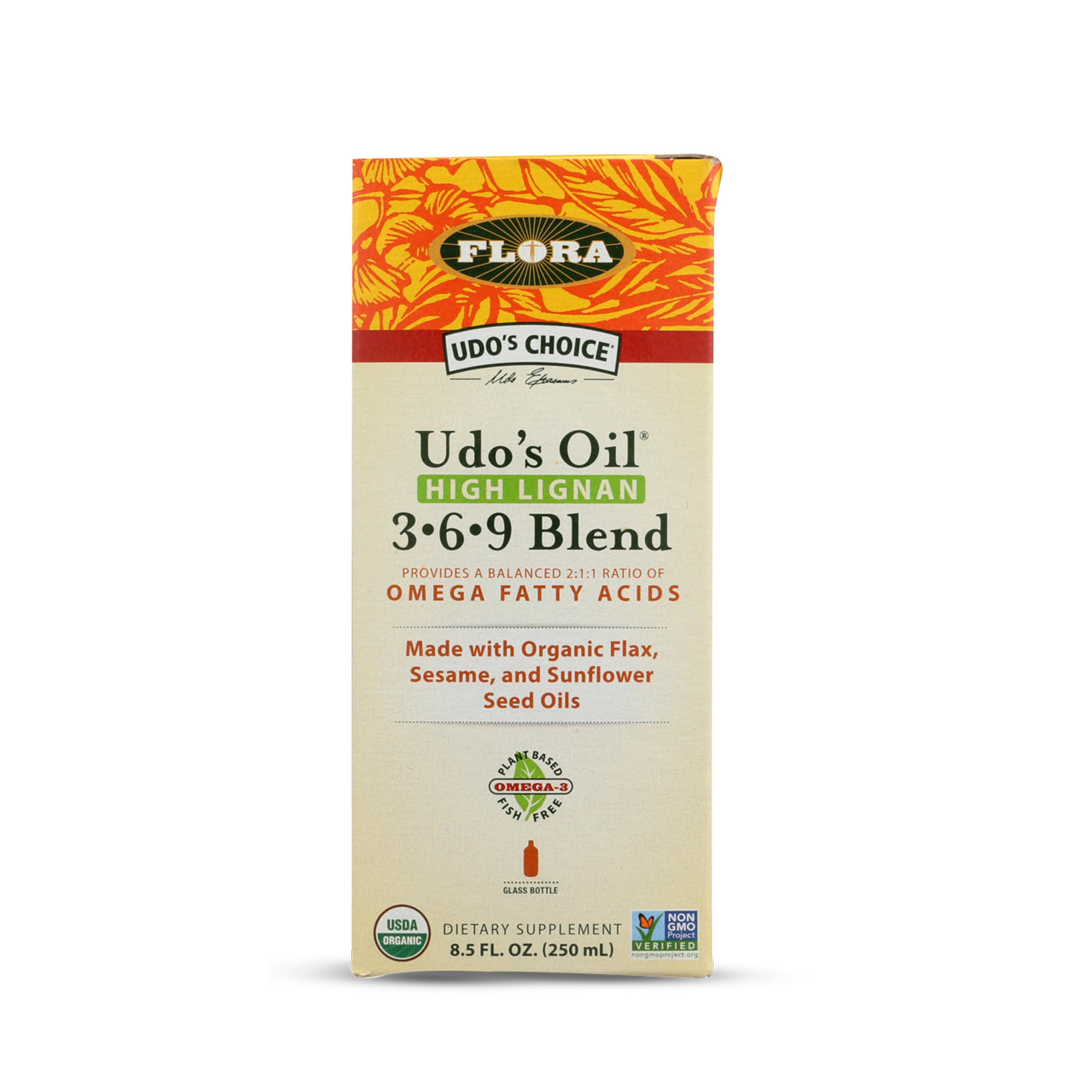 Flora Udo's Choice Omega 3-6-9, bouteille en verre sombre prête pour votre routine alimentaire.
