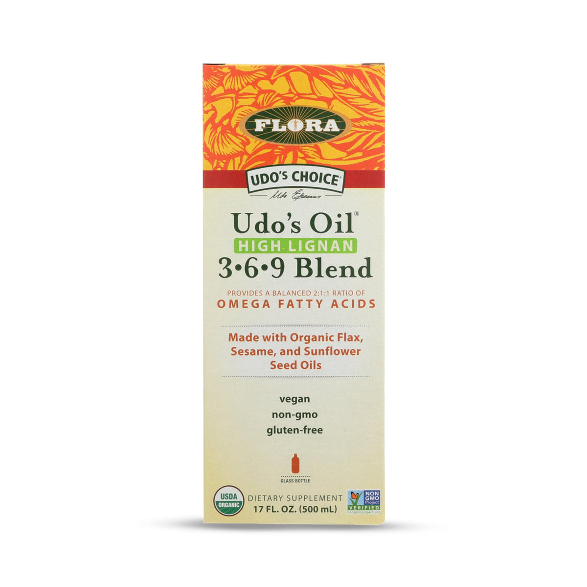 Flora Udo's Oil: bouteille en verre avec une huile omega équilibrée pour le bien-être