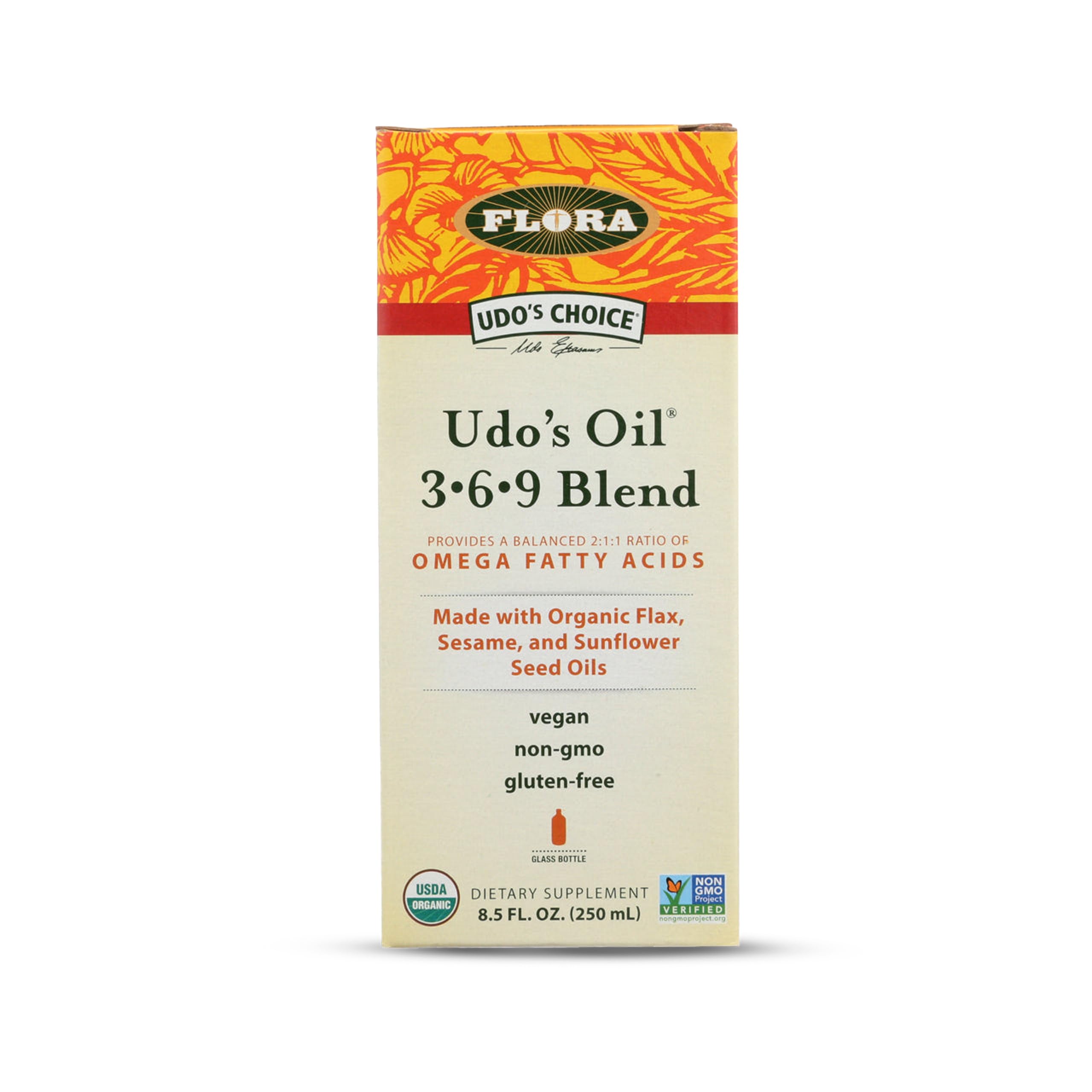 Flora Udo’s Omega 369 - flacon-verre: huile riche en EFAs prête à être ajoutée à vos plats.