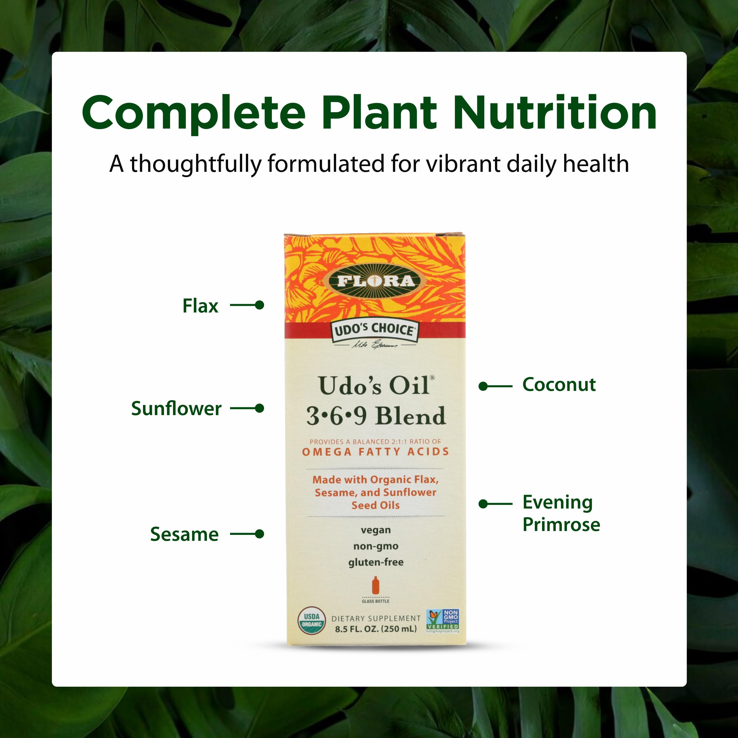 Flora Udo’s Omega 369 - mélange-graines-flax-sesame-tournesol: ingrédients naturels et équilibrés.