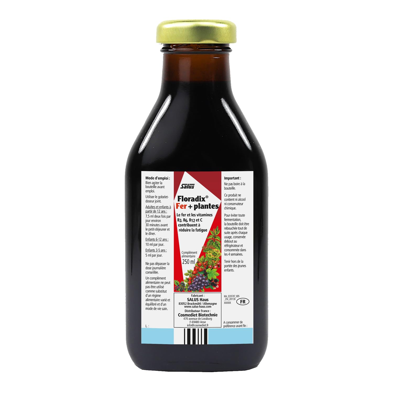 Floradix présente les vitamines B1 B2 B6 B12 et C pour soutenir l’énergie