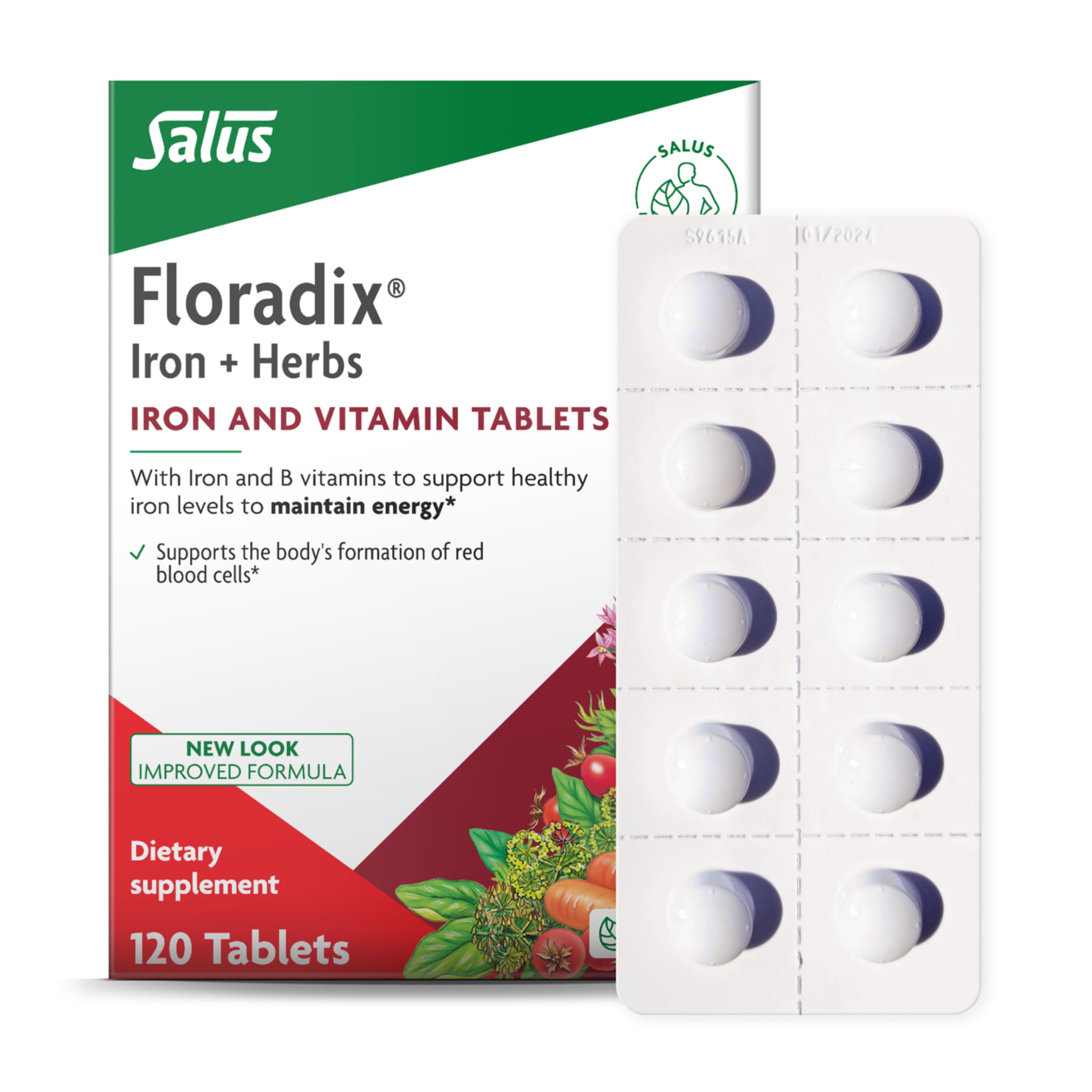 Floradix comprimés de fer avec vitamines B et C pour l'énergie potentielle.