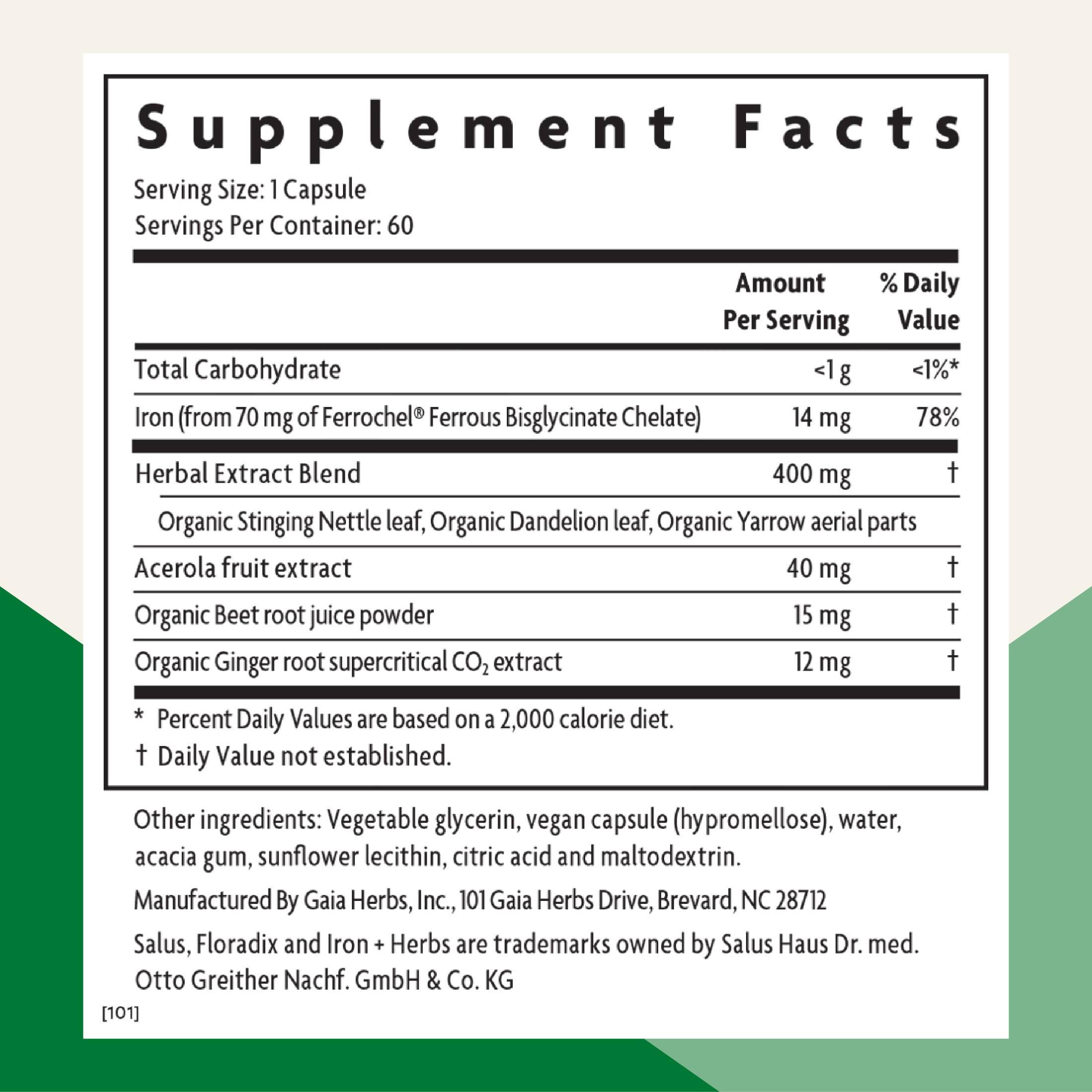 Floradix Iron + Herbs: capsules phyto près de l'étiquette, prise pratique et végane.