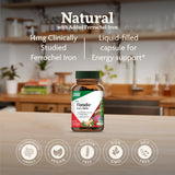 Floradix Iron + Herbs: étiquette lumineuse sur l'emballage, démontrant pureté et absence d'alcool.