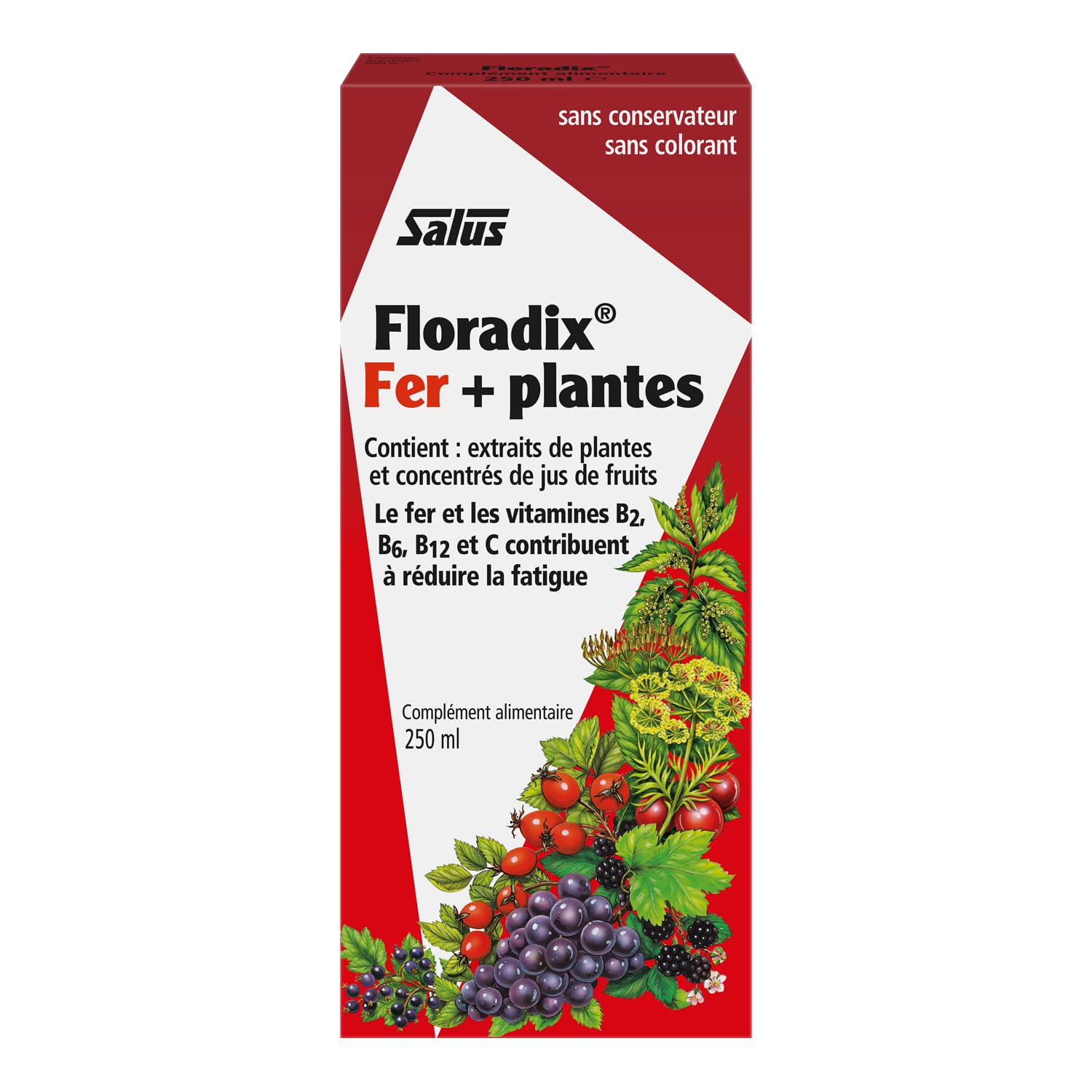 Floradix montre les ingrédients fruits et herbes pour un goût équilibré