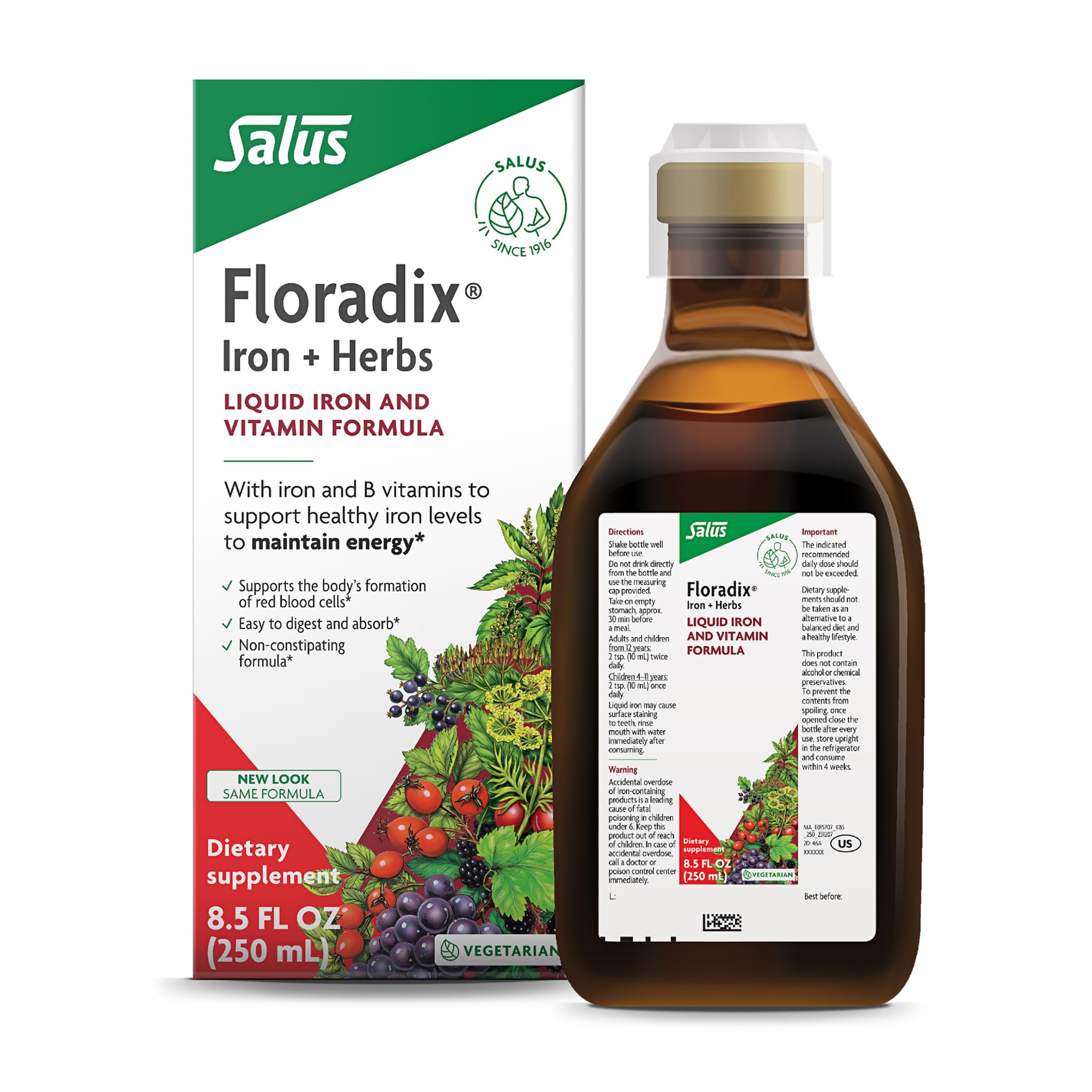 Floradix Iron & Herbs: bouteille liquide d'apport en fer et plantes, énergie potentielle