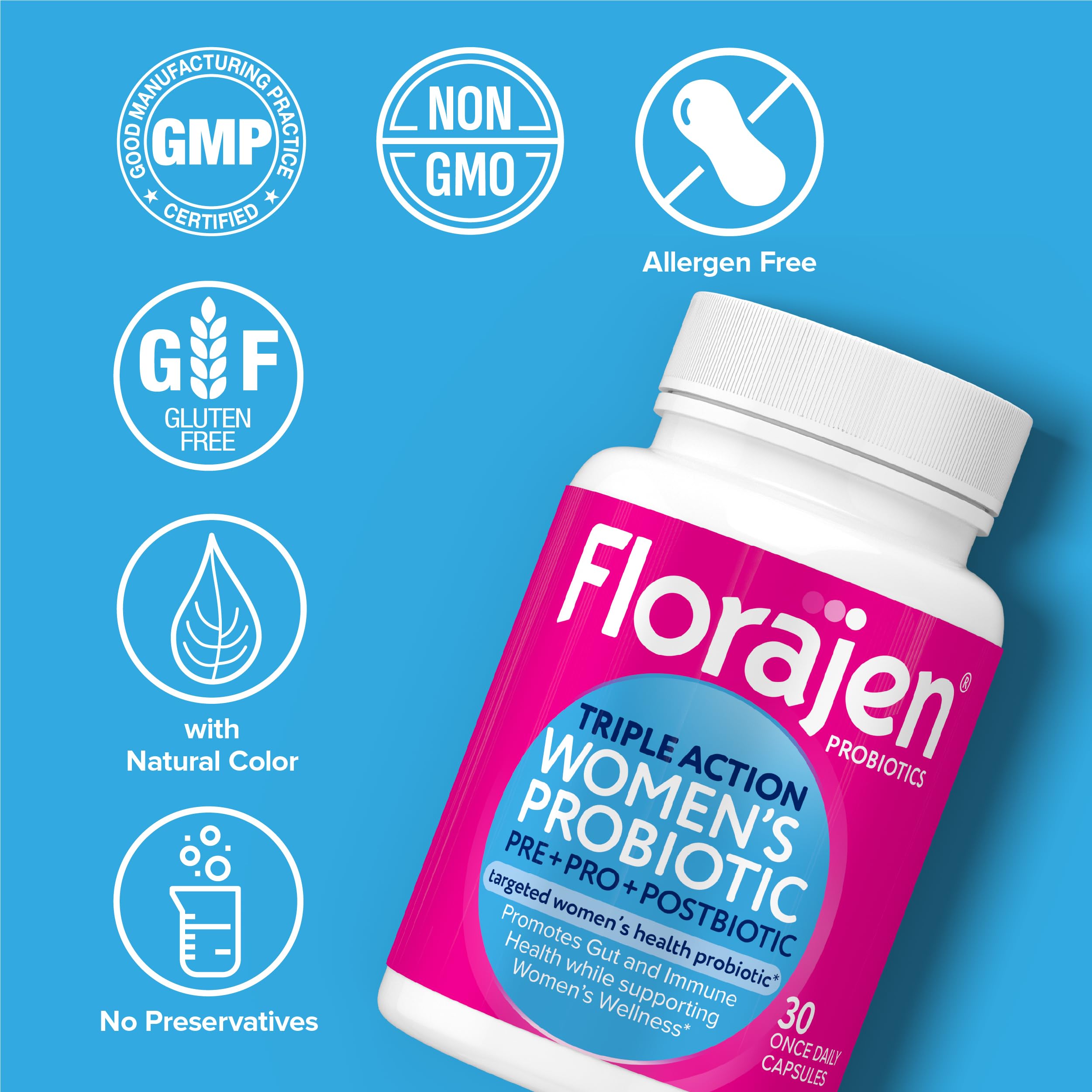 Florajen Femmes Complete – emballage pratique: bouteille 30 capsules pour une routine quotidienne.