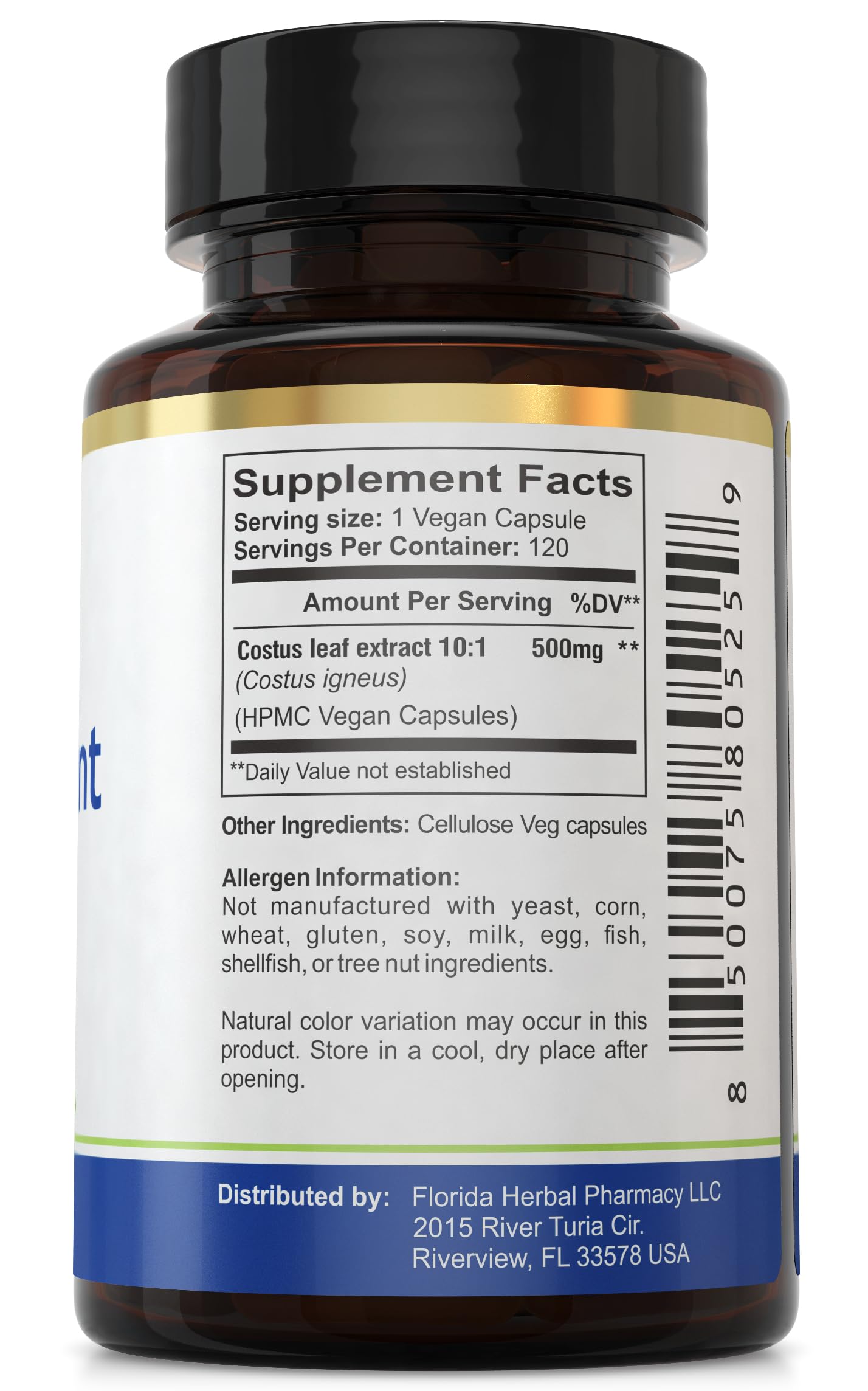 Costus Igneus Florida Herbal Pharmacy — dosage quotidien d'une gélule après le repas