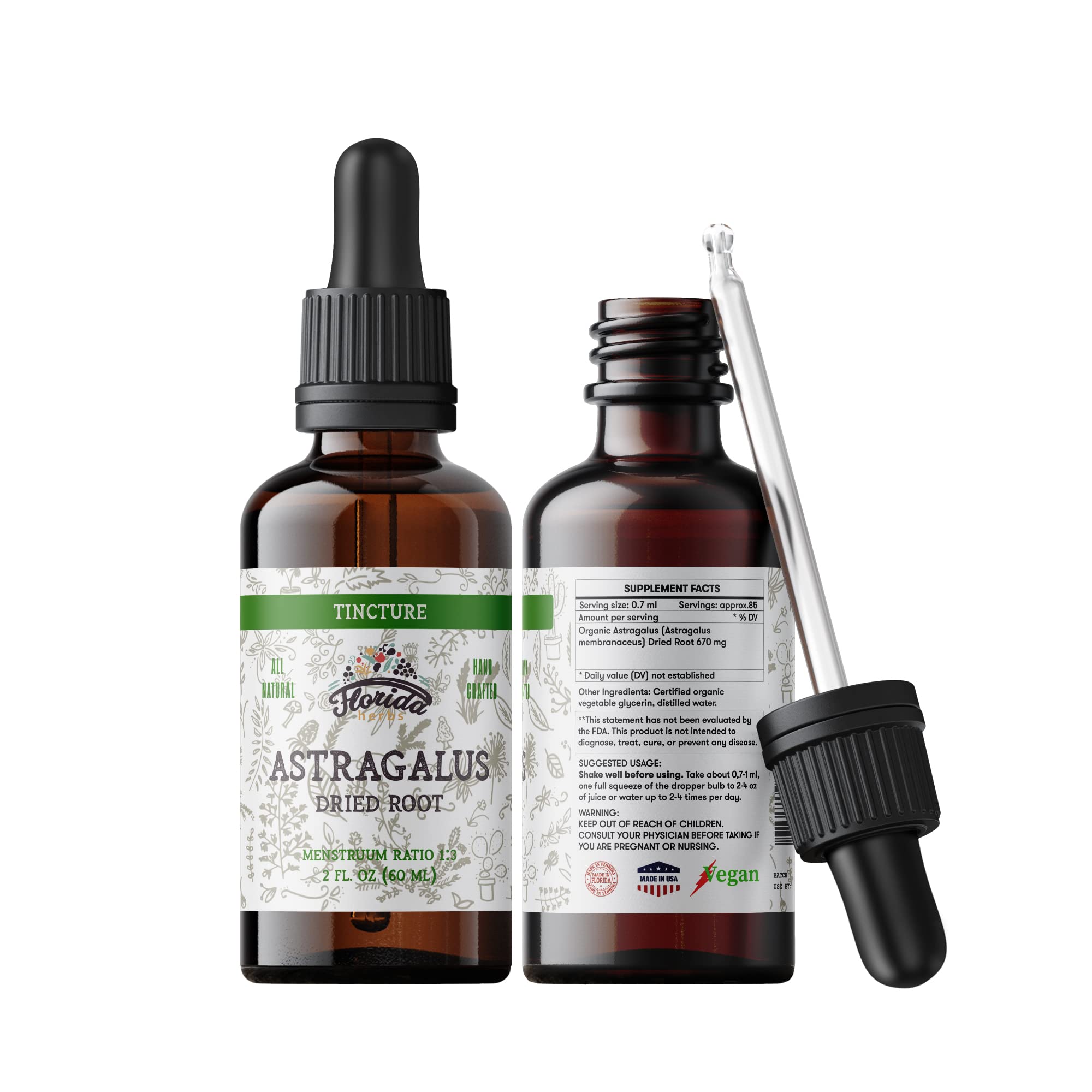 FLORIDA HERBS Astragalus: présentation-bouteille facilite le dosage quotidien.