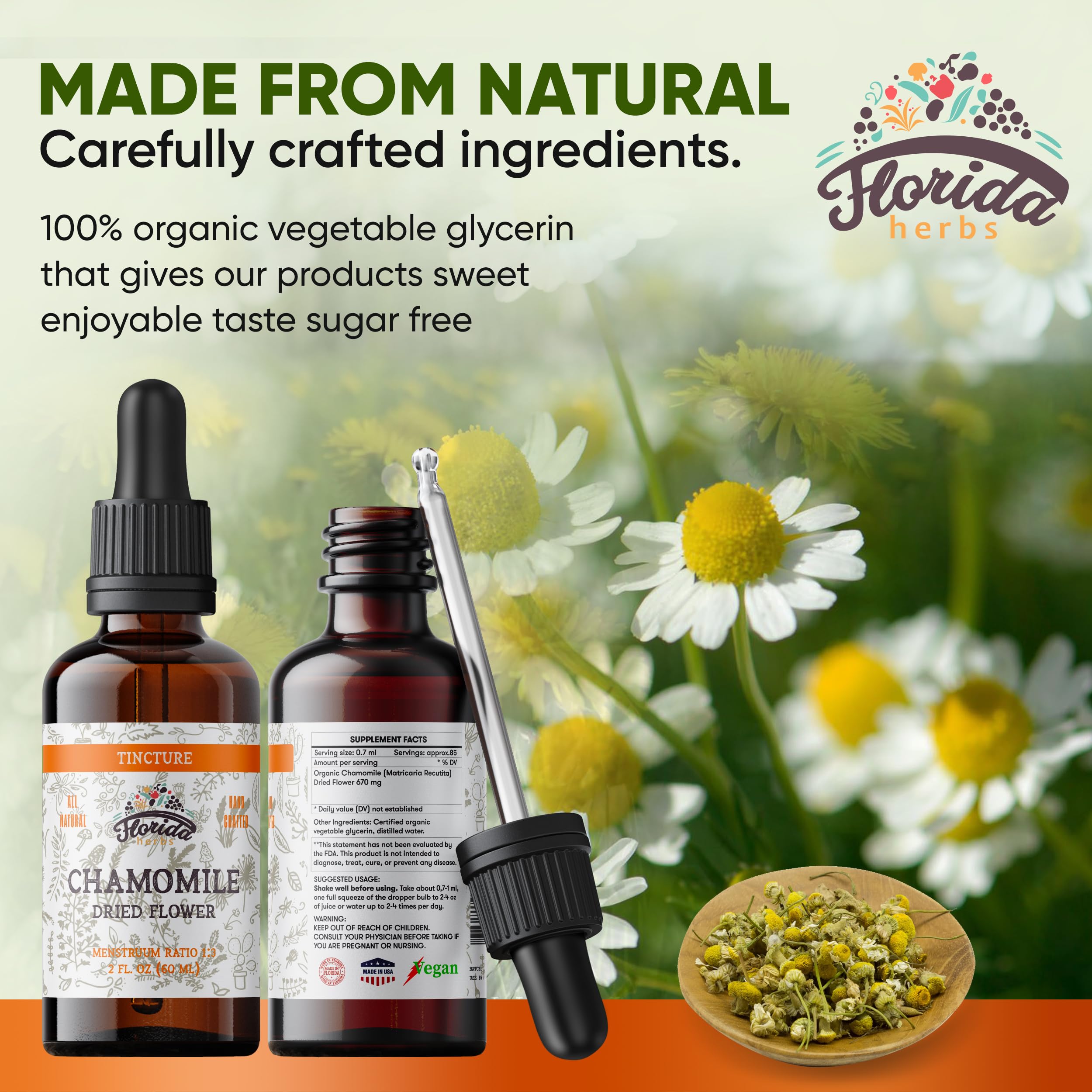 FLORIDA HERBS Chamomile tincture – Fleurs sèches de camomille de haute qualité.