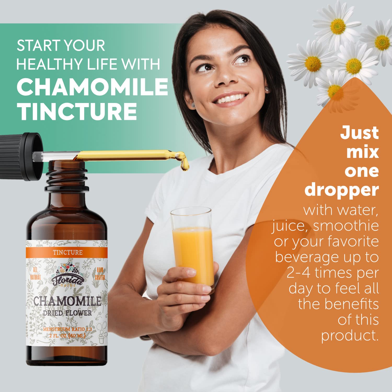 FLORIDA HERBS Chamomile tincture – Gouttes faciles à verser pour usage quotidien.