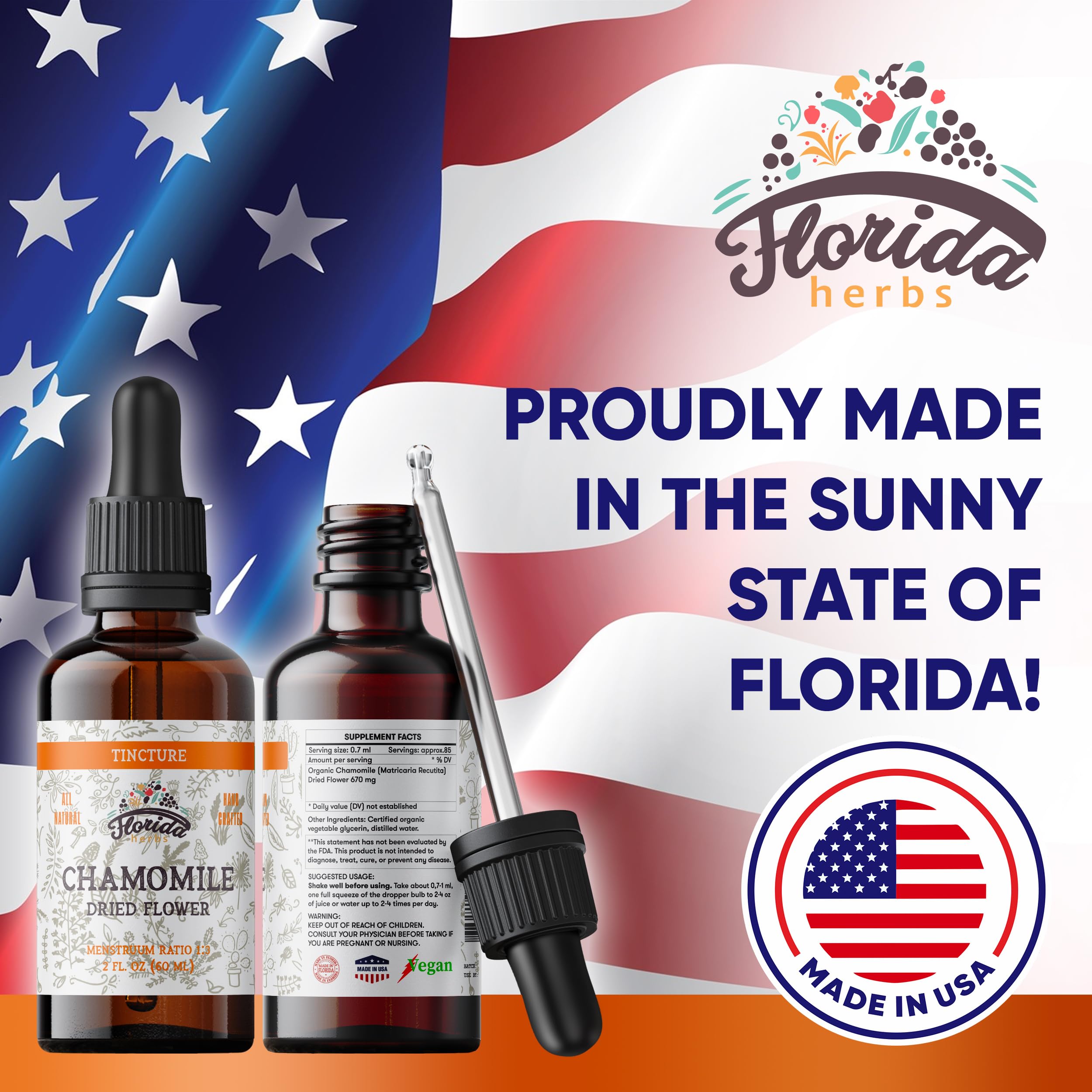 FLORIDA HERBS Chamomile tincture – Ingrédients biologiques certifiés et naturels.