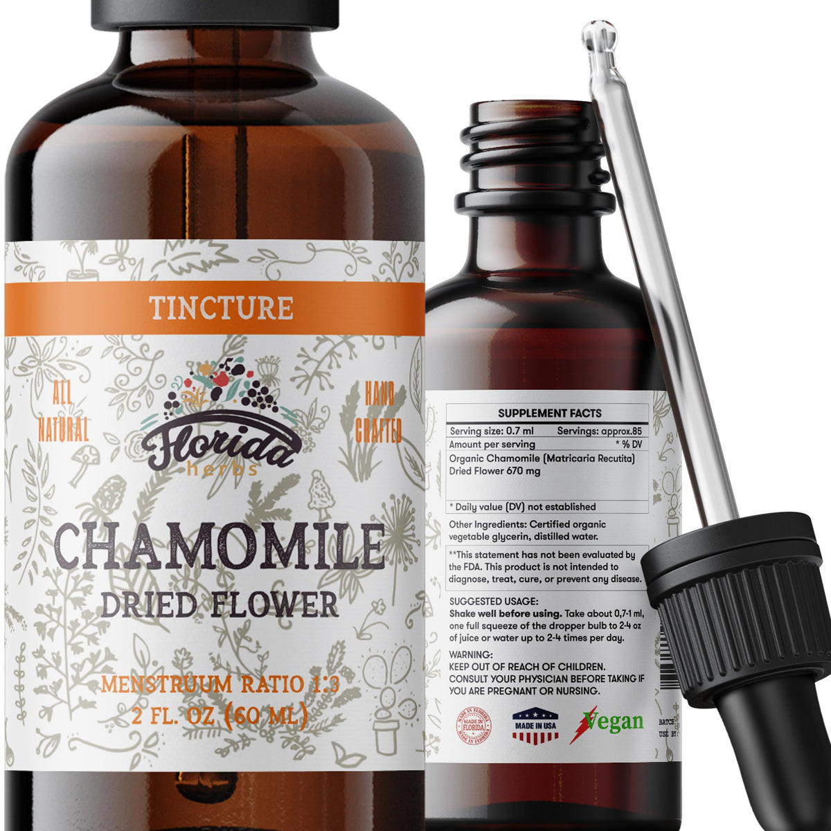FLORIDA HERBS Chamomile tincture – Bouteille avec pipette, dosage facile pour détente.