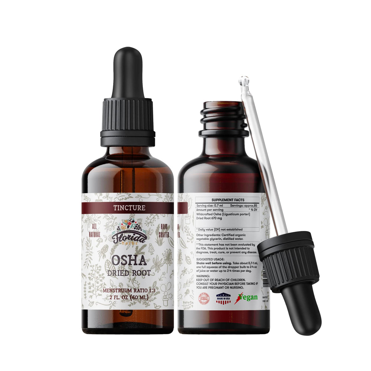 Florida Herbs OSHA Root Liquid Extract – bouteille claire, soutien potentiel du système respiratoire.