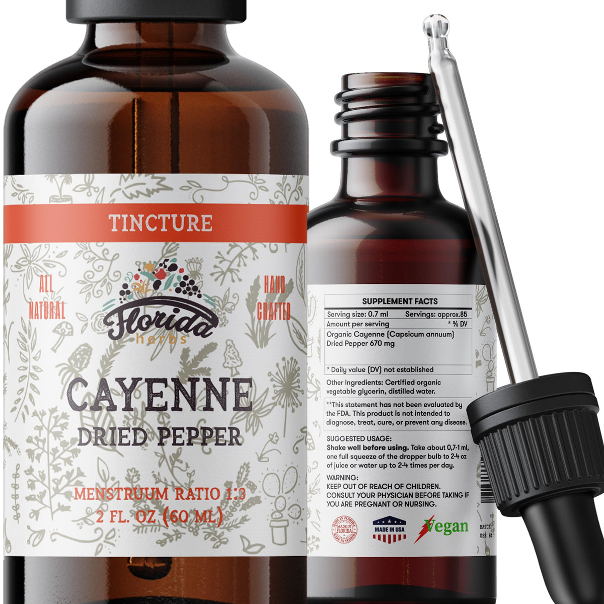 FLORIDA HERBS teinture cayenne en bouteille bio pour un usage pratique et naturel.