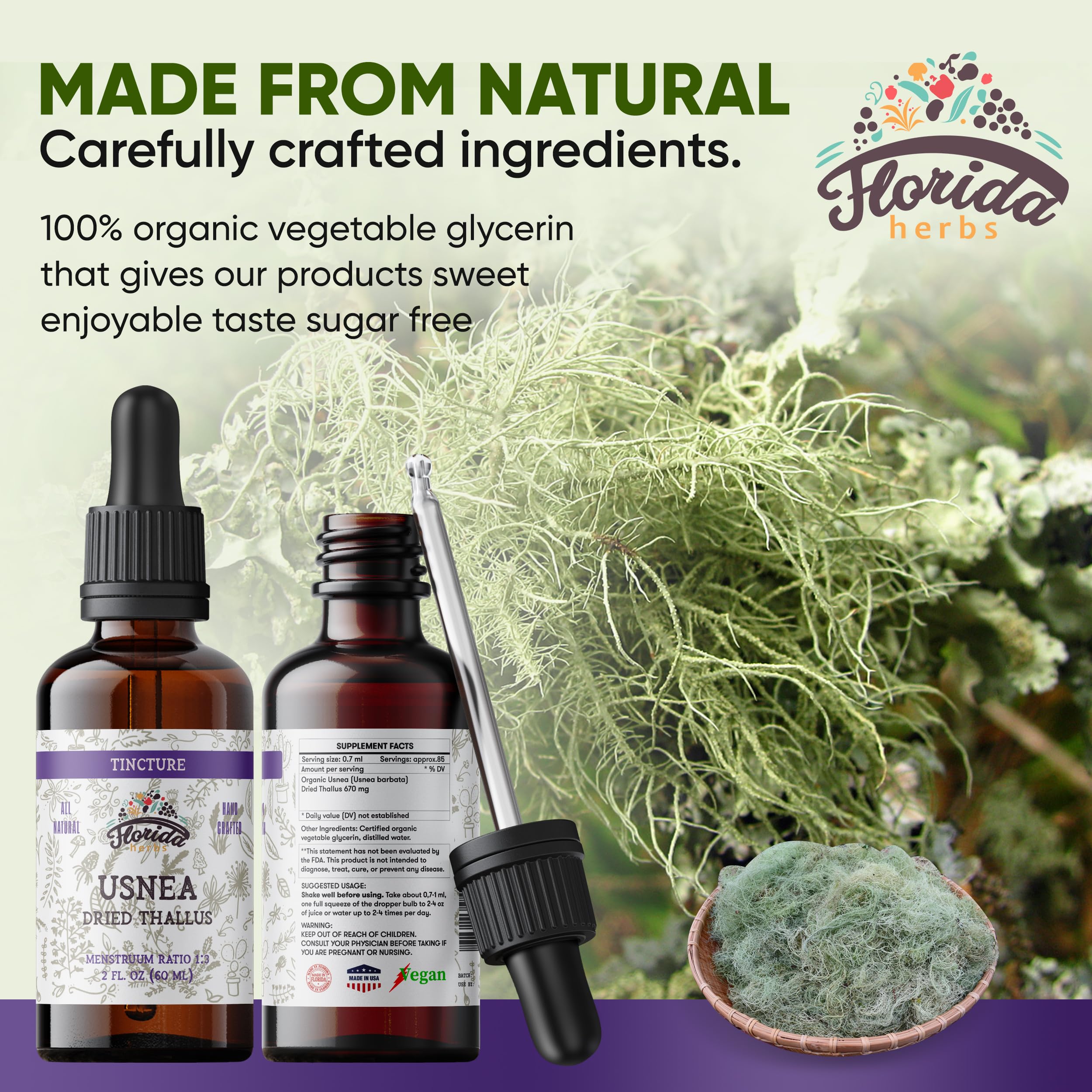Étiquette biologique Florida Herbs Usnea indiquant des ingrédients certifiés et non-OGM.