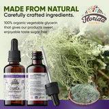 Étiquette biologique Florida Herbs Usnea indiquant des ingrédients certifiés et non-OGM.
