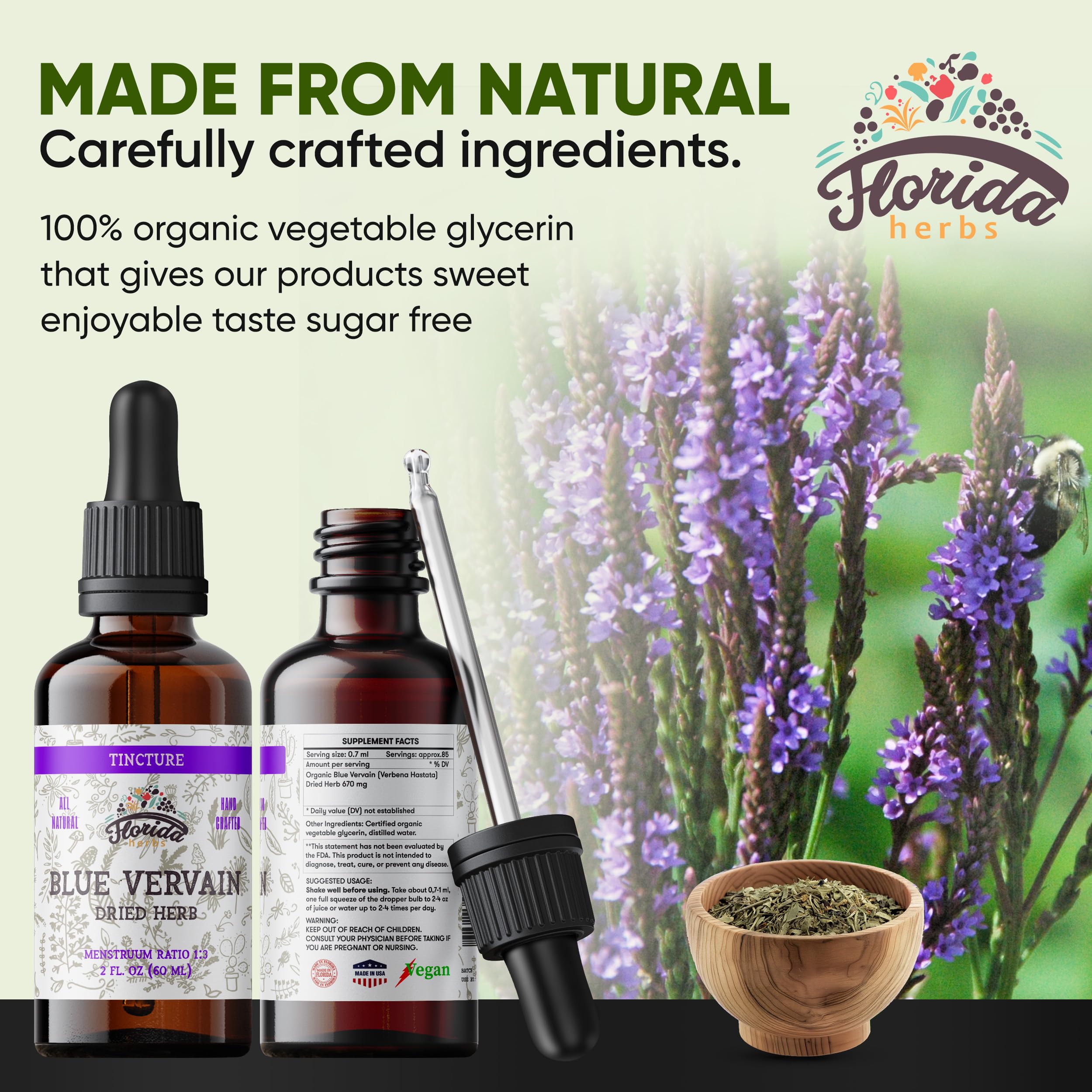 Florida Herbs verveine bleue - étiquette lisible sur flacon, facilité de sélection et traçabilité.