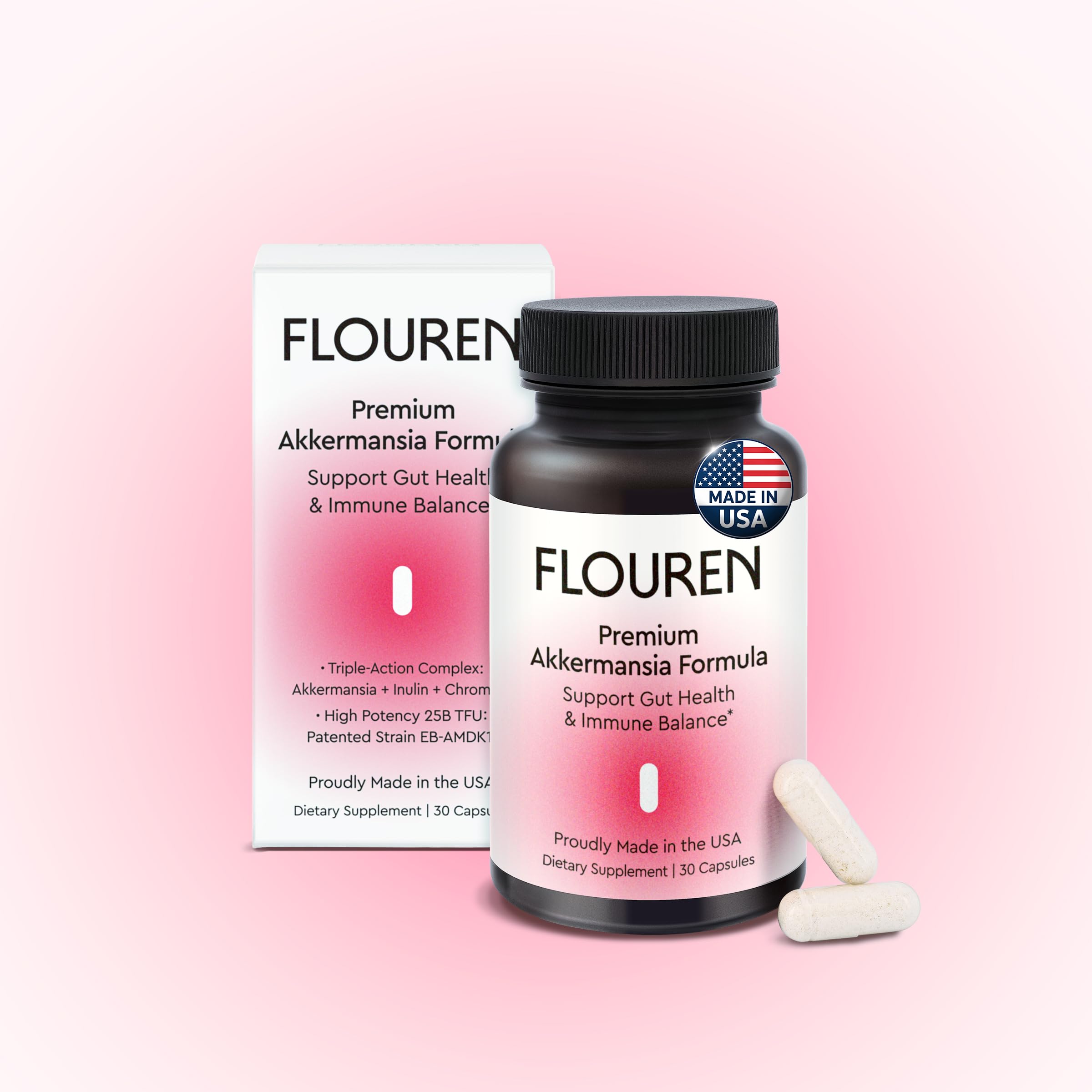 FLOUREN - Capsules probiotiques illustrant une formulation postbiotique pour l'équilibre intestinal.
