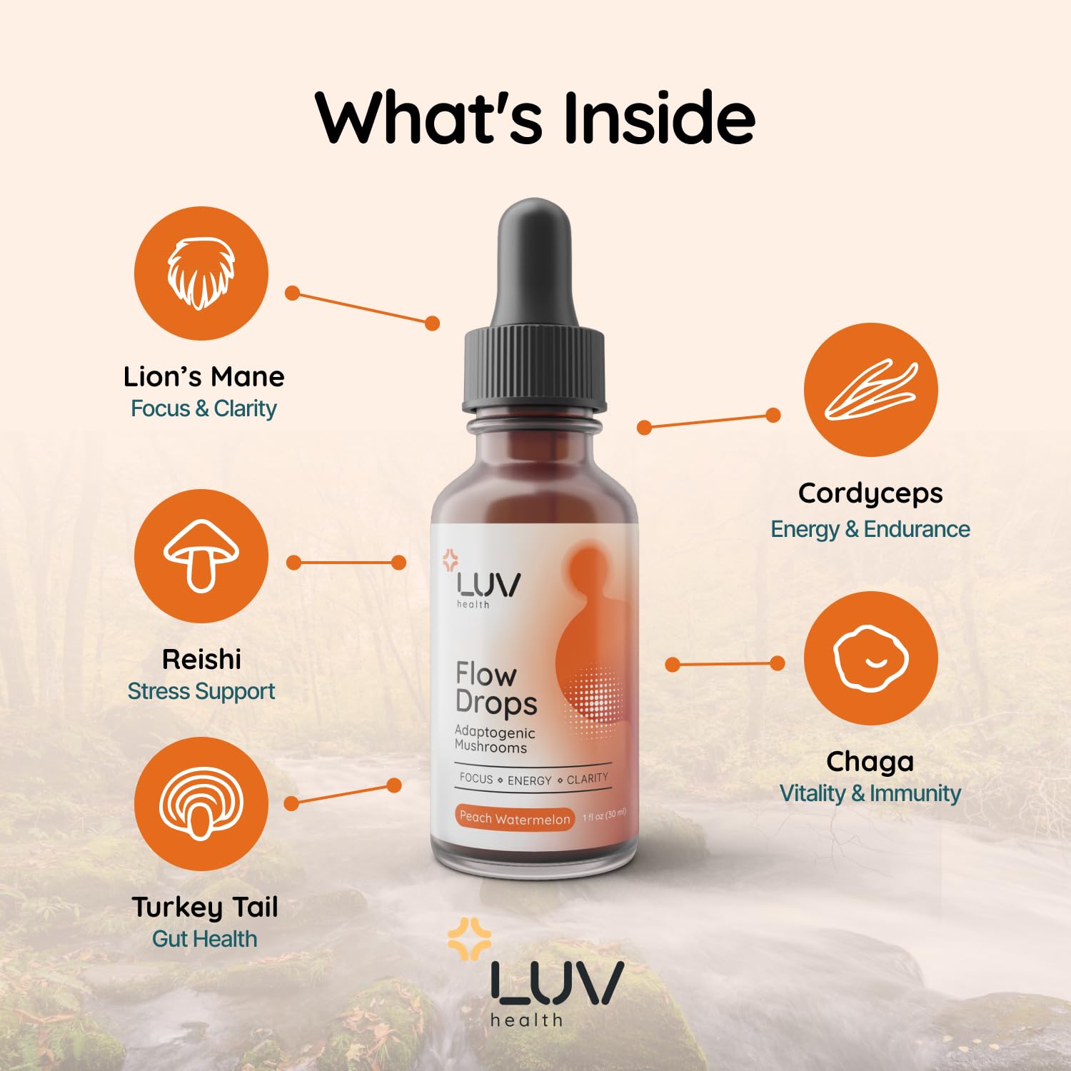 Flow Drops LUV, doseur-goutte en action, formulation adaptogène pour concentration.