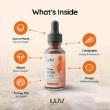 Flow Drops LUV, doseur-goutte en action, formulation adaptogène pour concentration.