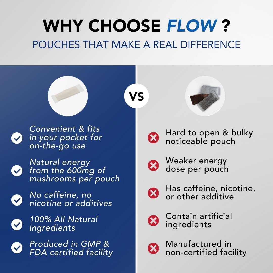 Flow Pouches Ingrédients 600mg : extrait de champignons biologiques pour la concentration.
