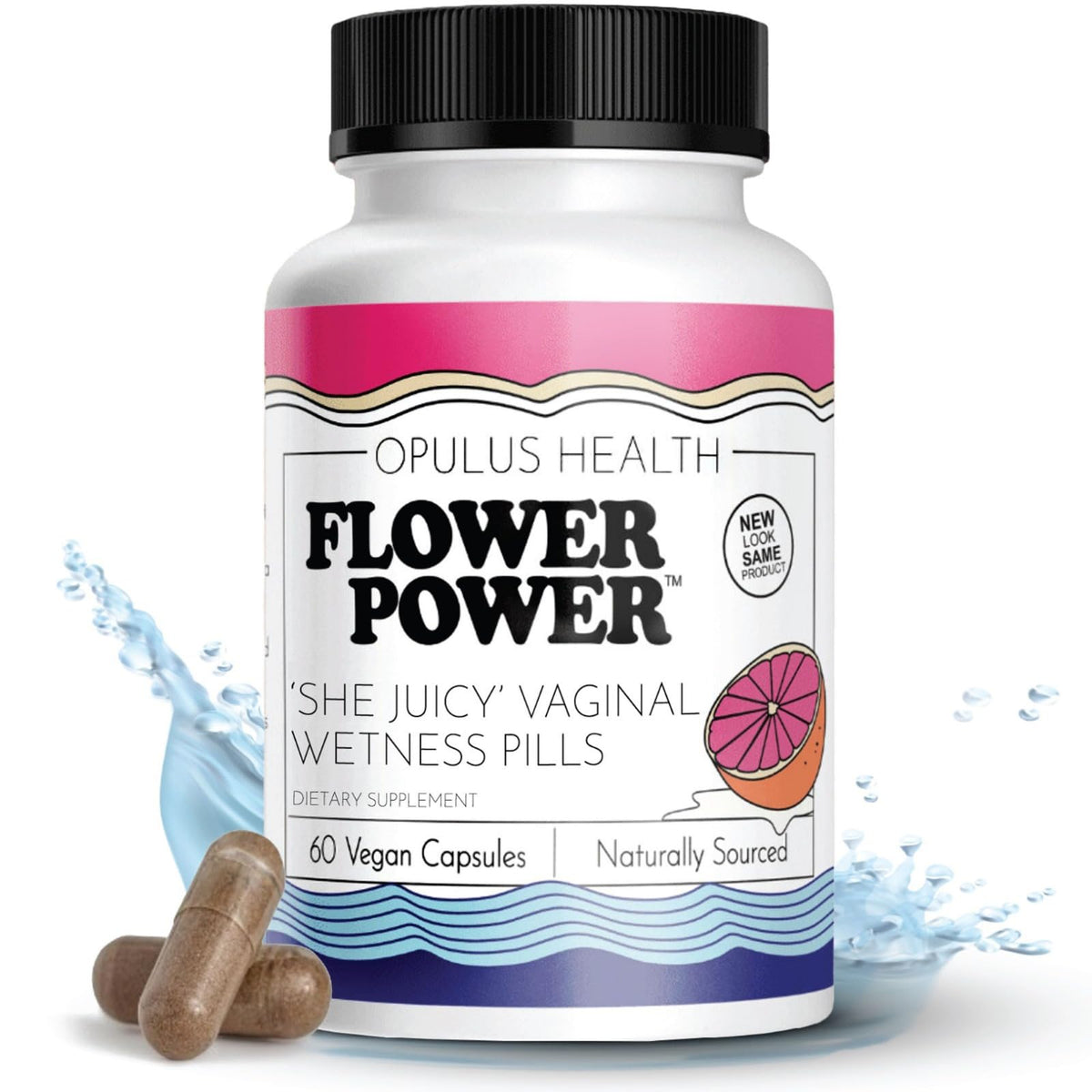 Flower Power gélules féminines – flacon illustrant l'hydratation intime.