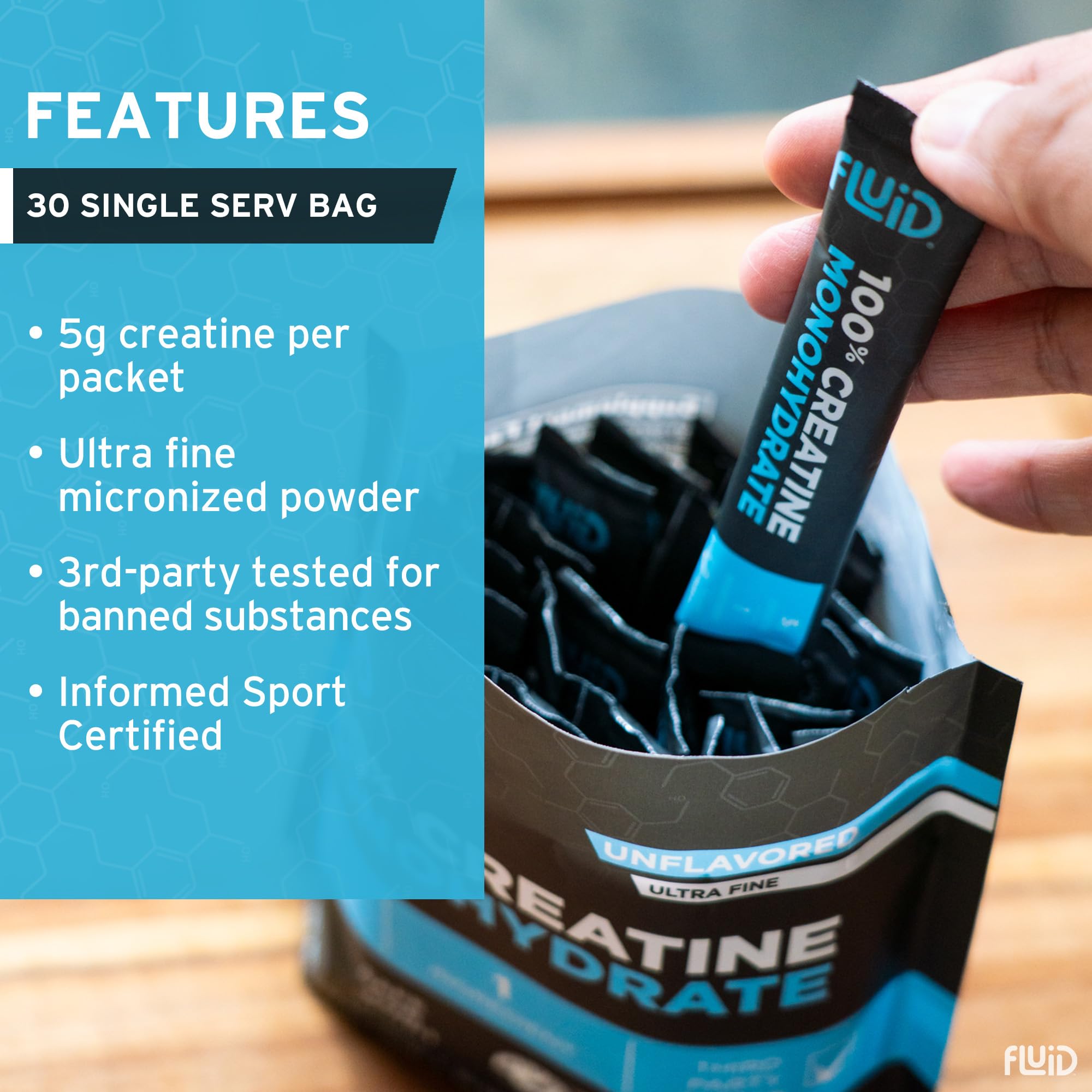Fluid Creatine – pack-stick voyage, dosage précis et sans encombrement.