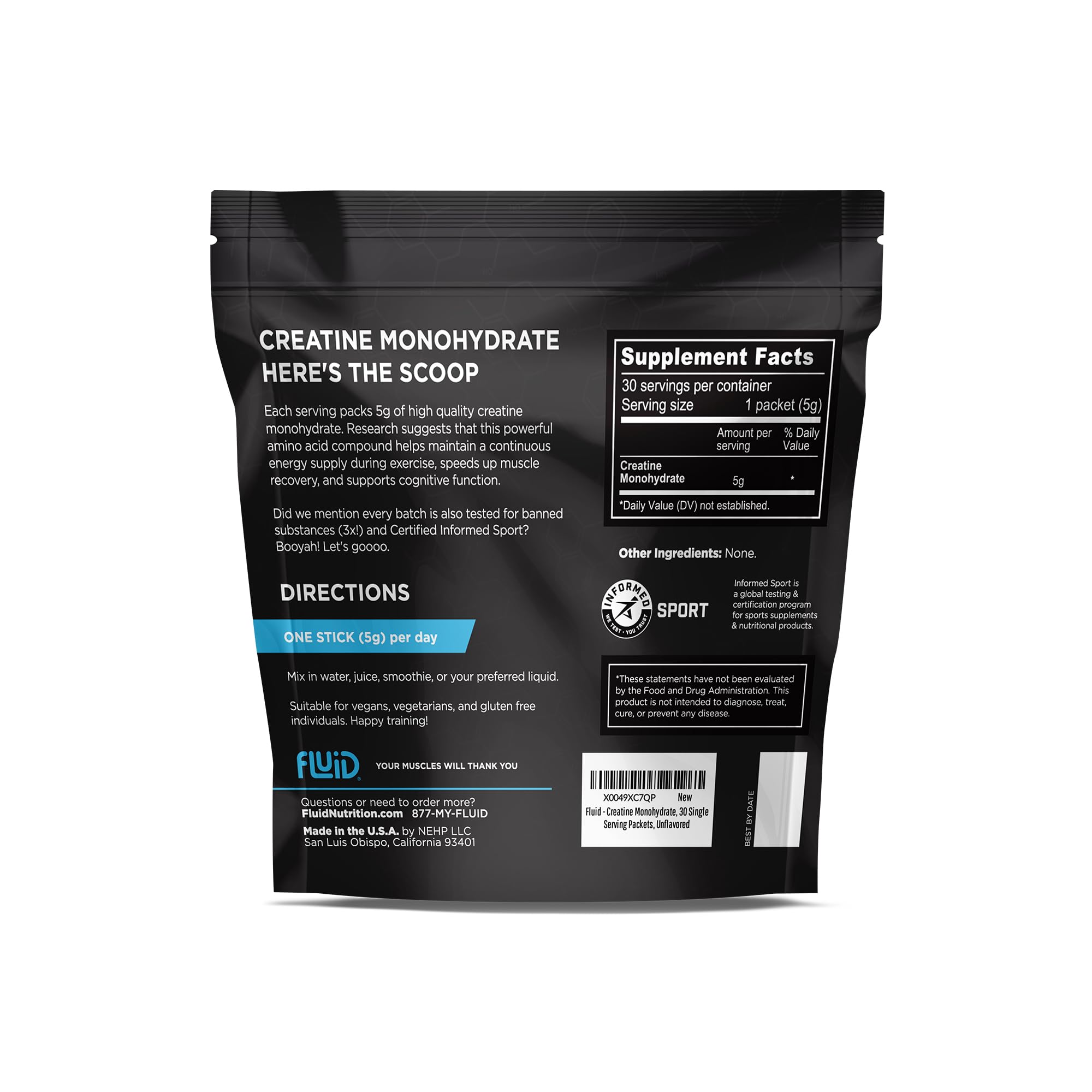 Fluid Creatine – stick 5 g portable, pratique pour l’entraînement.