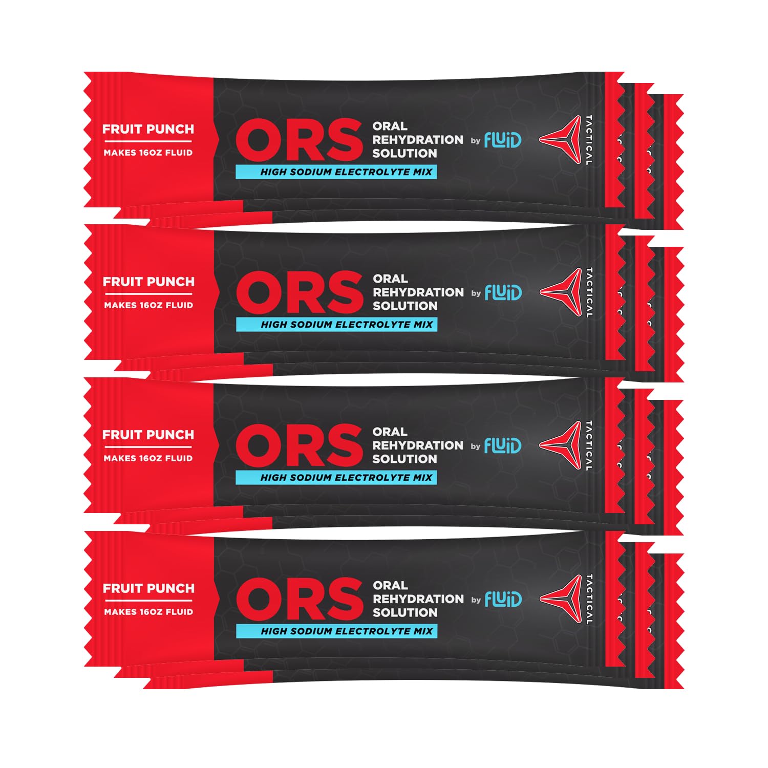 Fluid Tactical ORS Fruit Punch emballage 12-sachets, pratique pour l'hydratation en déplacement.