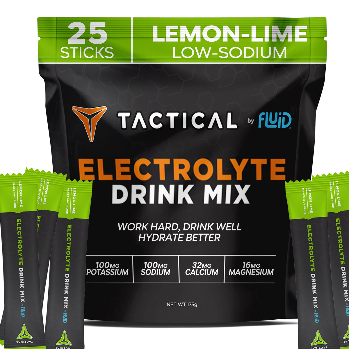 Fluid Tactical paquets d'électrolytes près d'une bouteille d'eau, hydratation rapide.