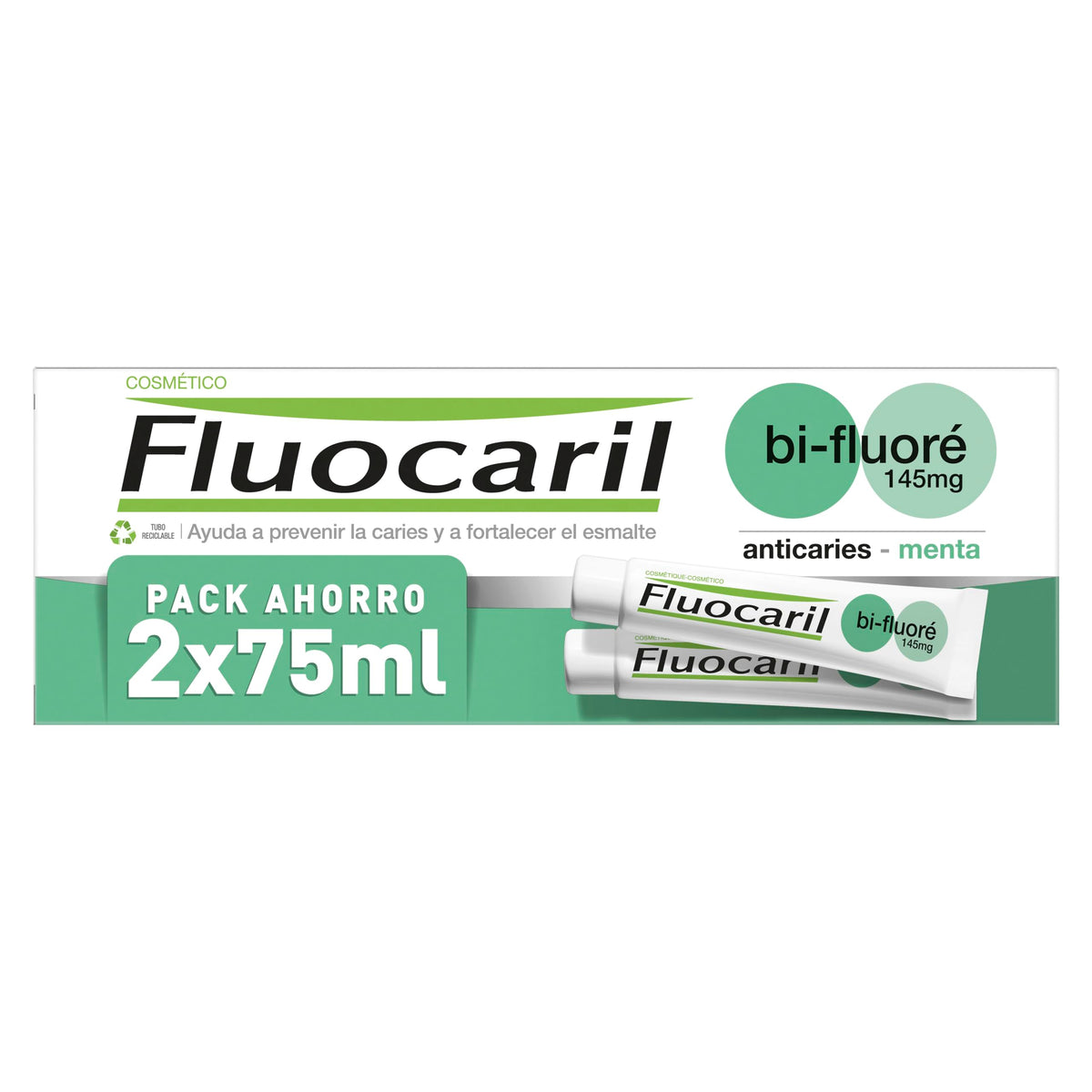 Fluocaril Bi-Fluore Duplo Menthe - emballage double pratique pour la famille.