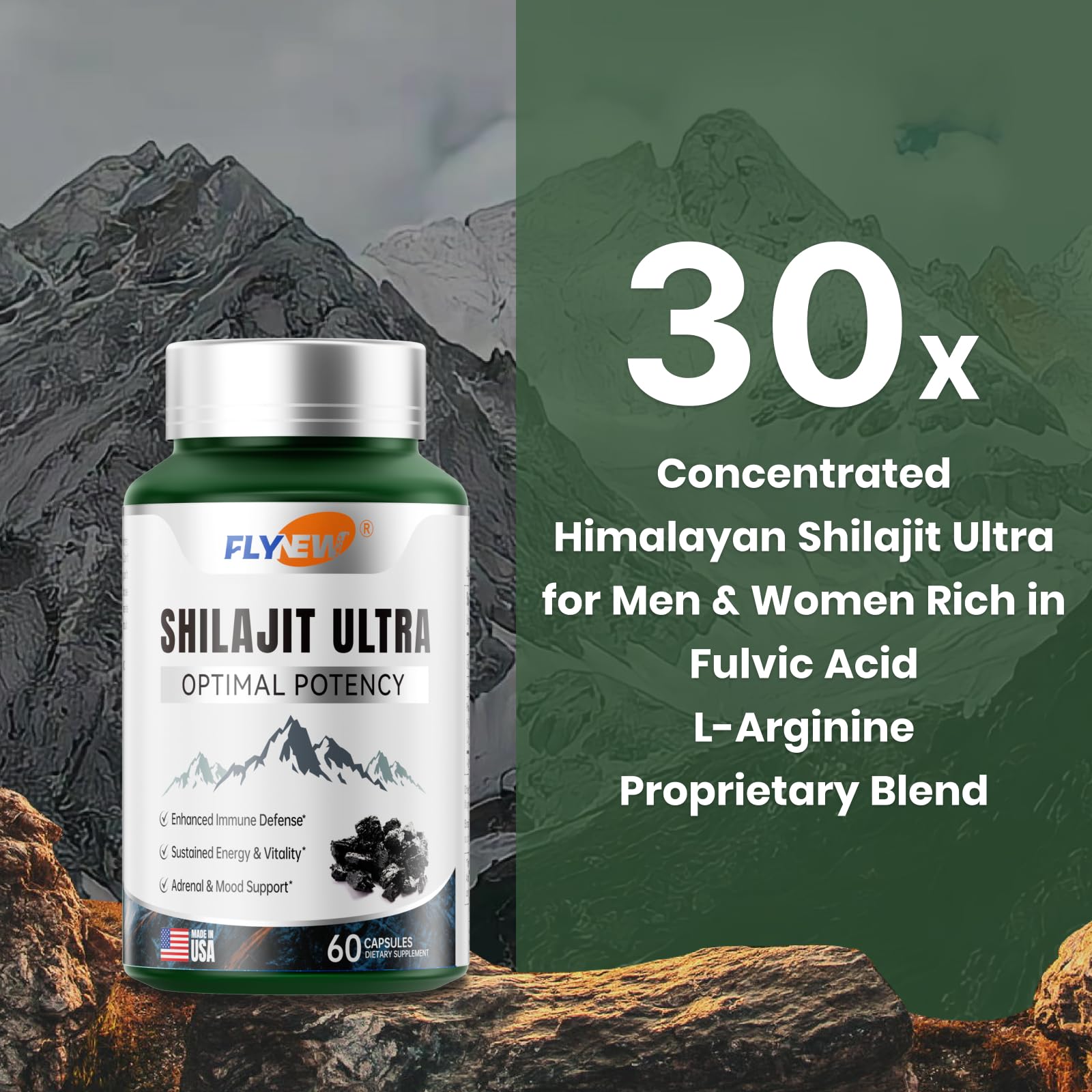 Gélules Flynew Shilajit faciles à avaler pour absorption quotidienne.
