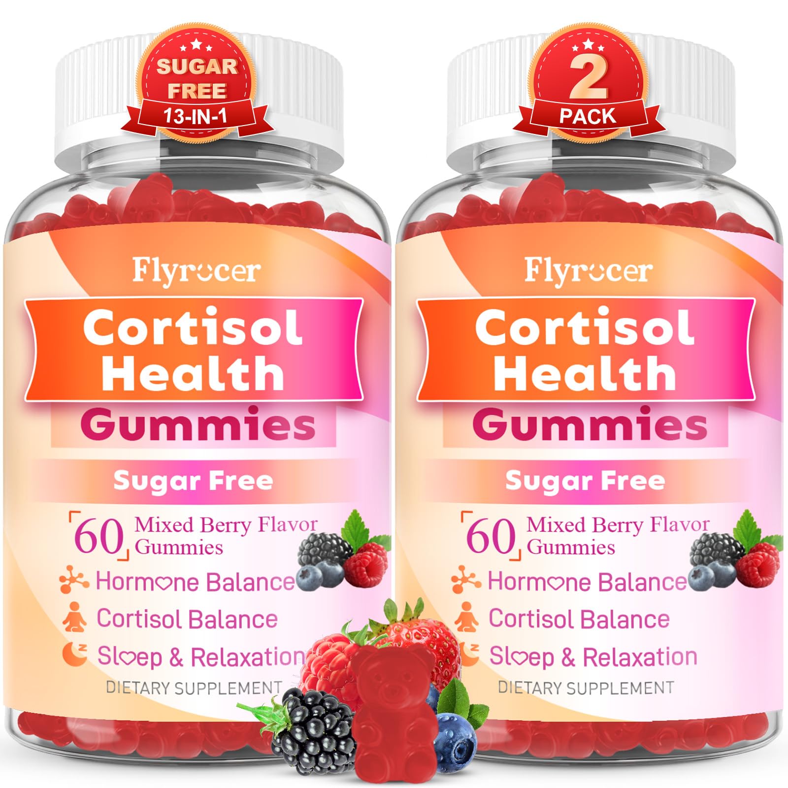 Flyrocer Cortisol 13 en 1 bonbons gélifiés en bouteille, soutien calme et équilibre hormonal.