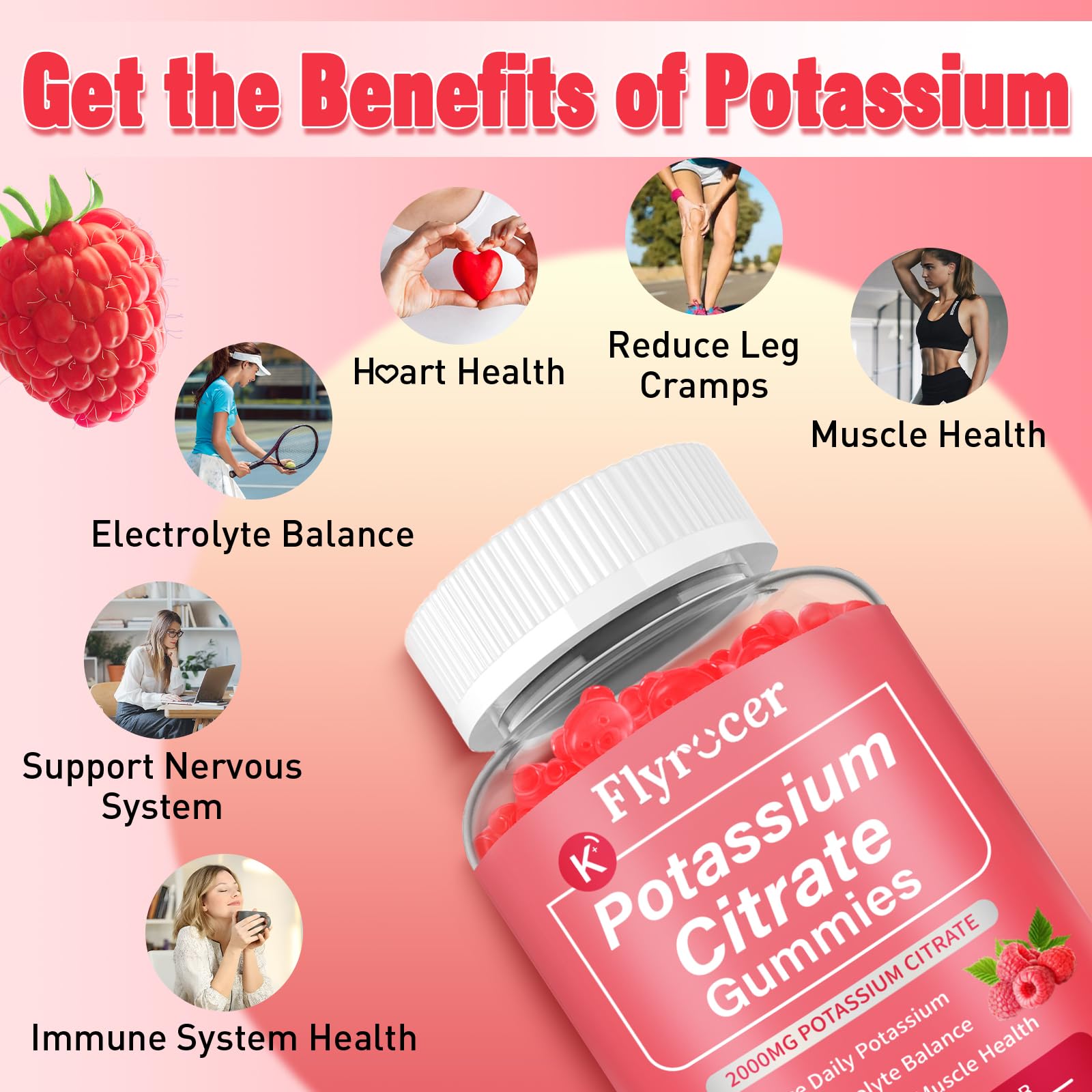 Flyrocer gommes citrate potassium - framboise attrayante, plaisir et potentiel soutien musculaire.