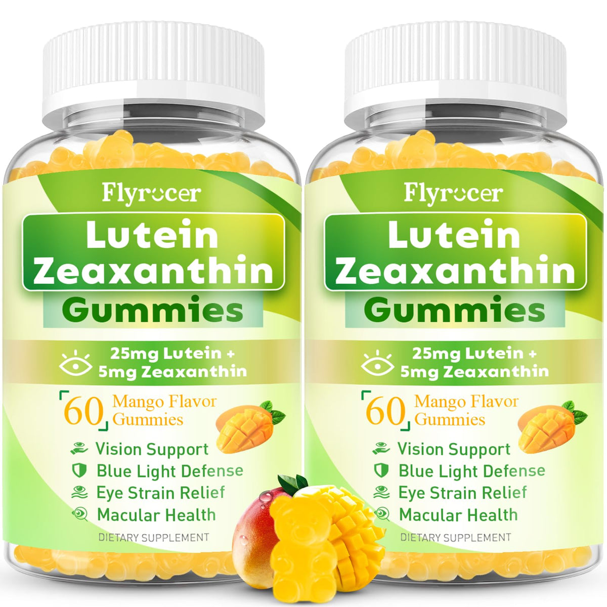Flyrocer Gommes Lutéine 25 mg en bouteille, parfaites pour l'utilisation devant l'écran.