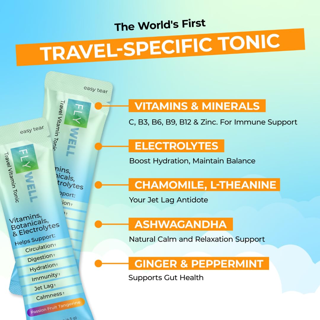 FlyWell: sachet-ouvert, adaptation au décalage horaire et hydratation.