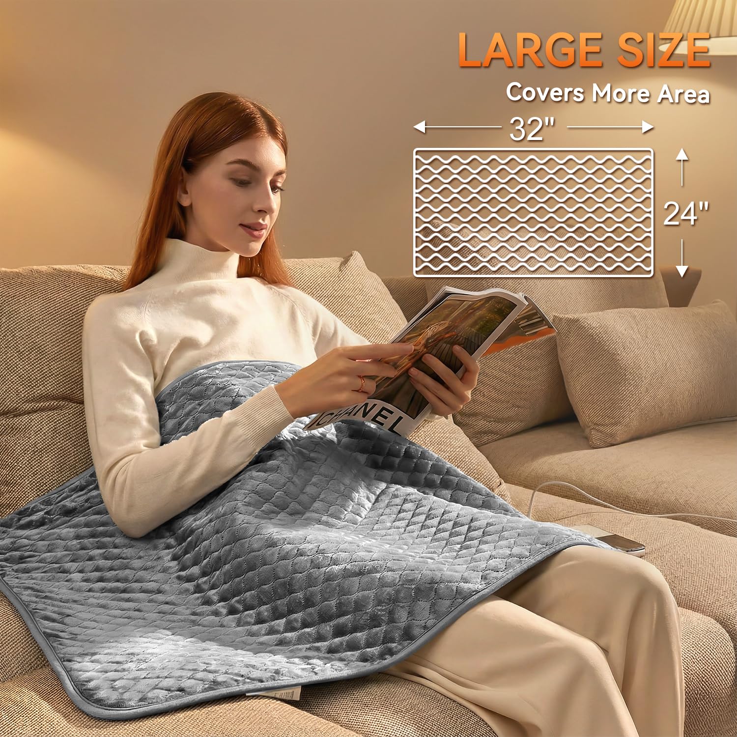 Coussin chauffant Focbeo grand format 32x24, utilisation dos/jambes et épaules pour confort ciblé.