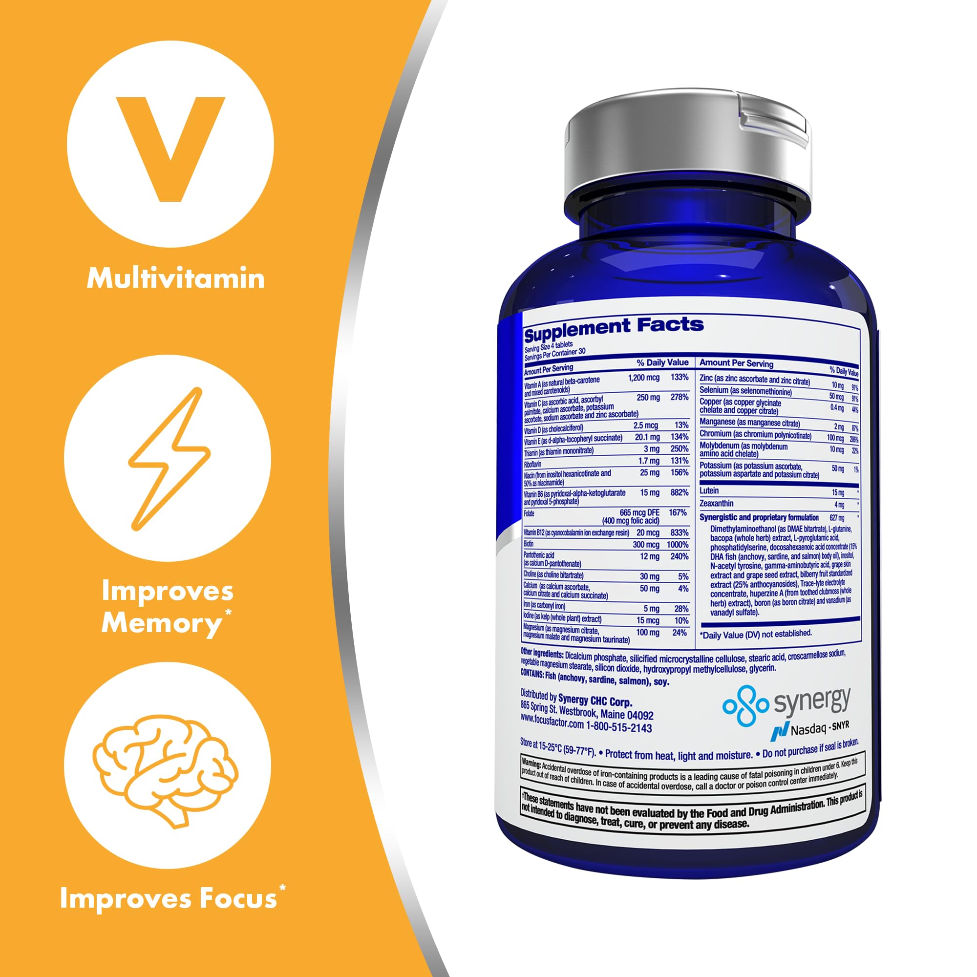 Focus Factor – emballage avant, présentation claire pour mémoire et vision.